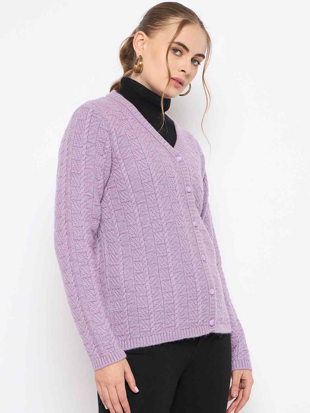 Madame Cable Knit V- Neck Buttoned Lilac Cardigan - Image 4