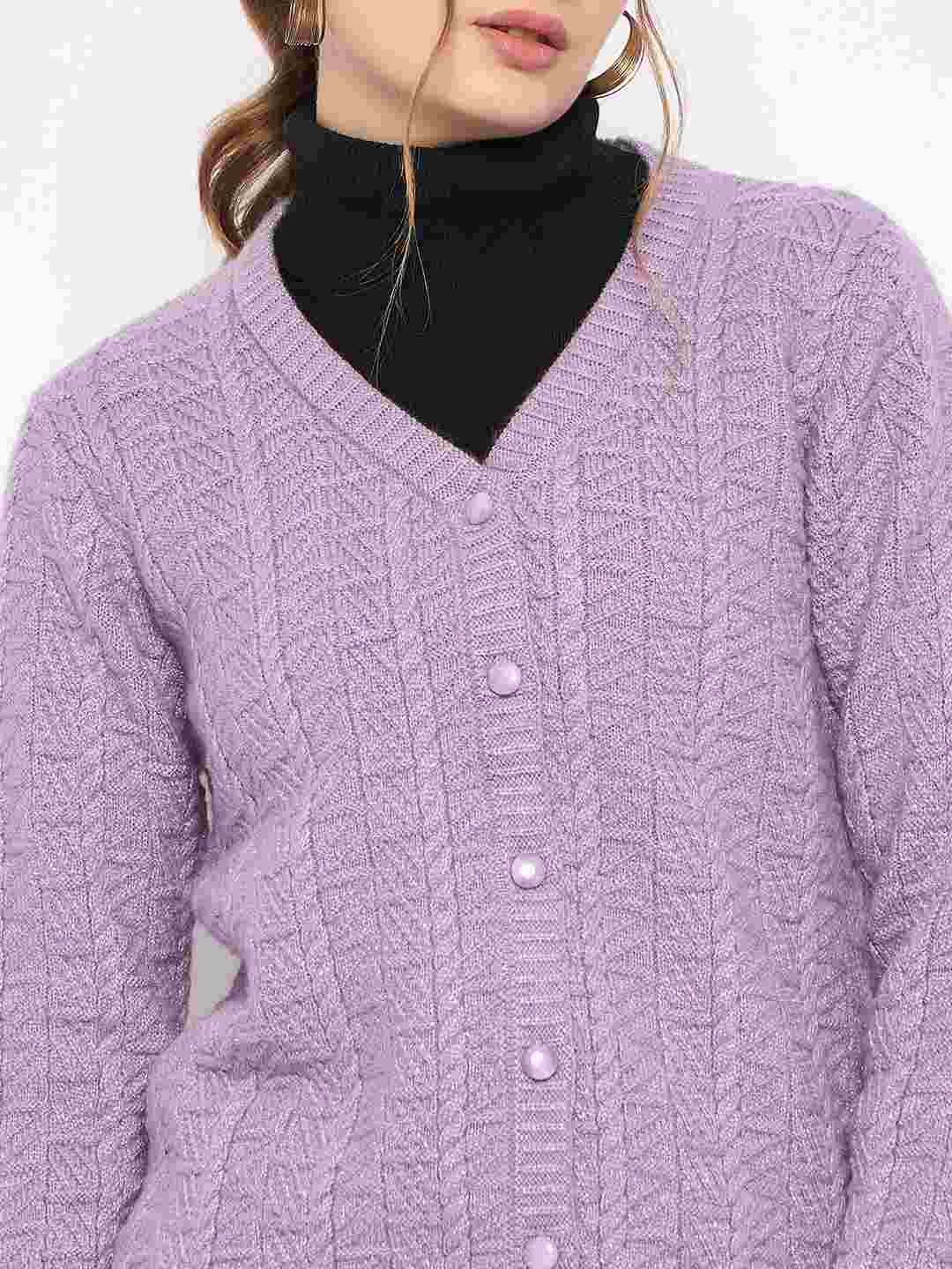 Madame Cable Knit V- Neck Buttoned Lilac Cardigan - Image 7
