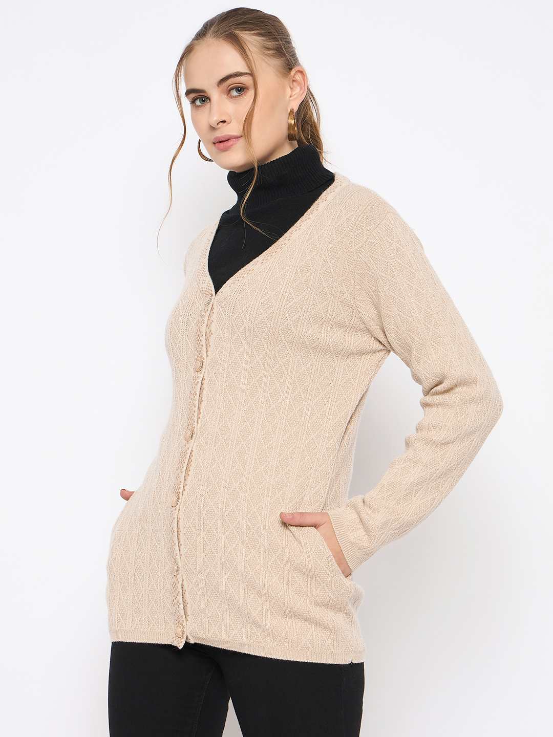 Madame Full Sleeve Button Down Beige Cardigan - Image 5