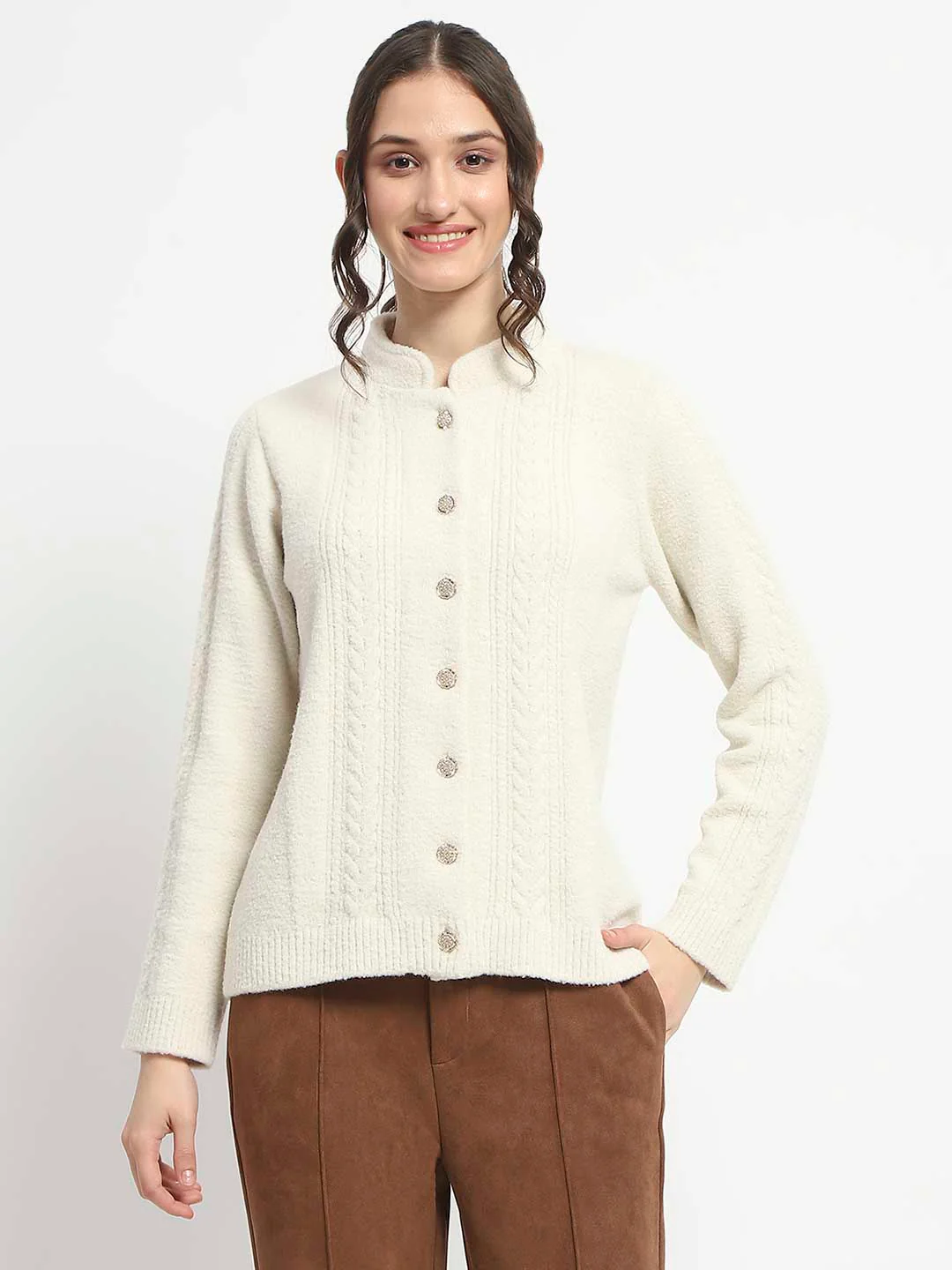 Madame Button Down Cable Knit Solid Beige Cardigan - Image 3