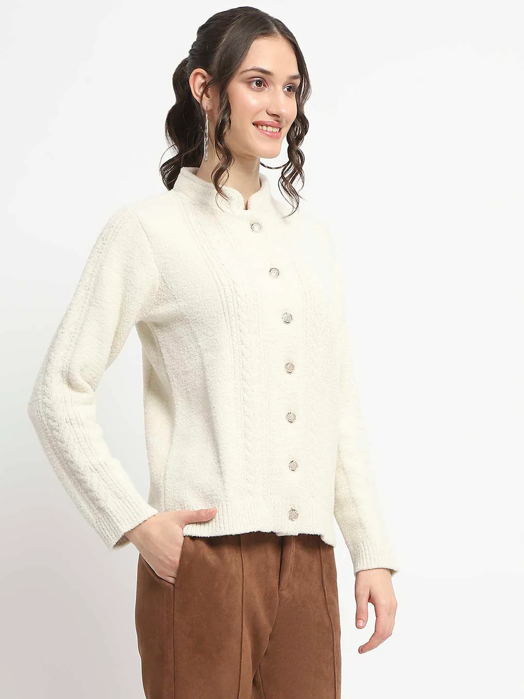 Madame Button Down Cable Knit Solid Beige Cardigan - Image 4