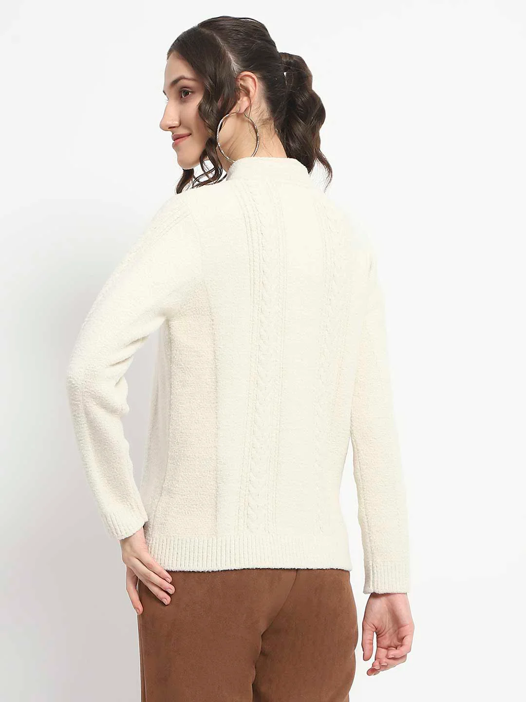 Madame Button Down Cable Knit Solid Beige Cardigan - Image 6