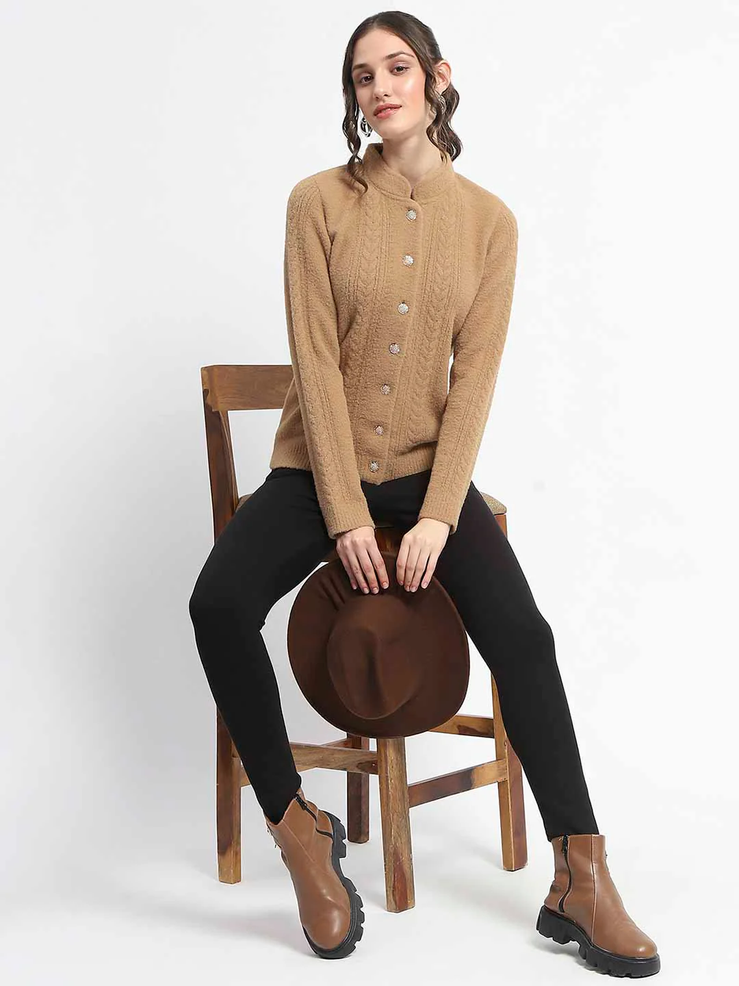 Madame Button Down Cable Knit Solid Khaki Cardigan - Image 2