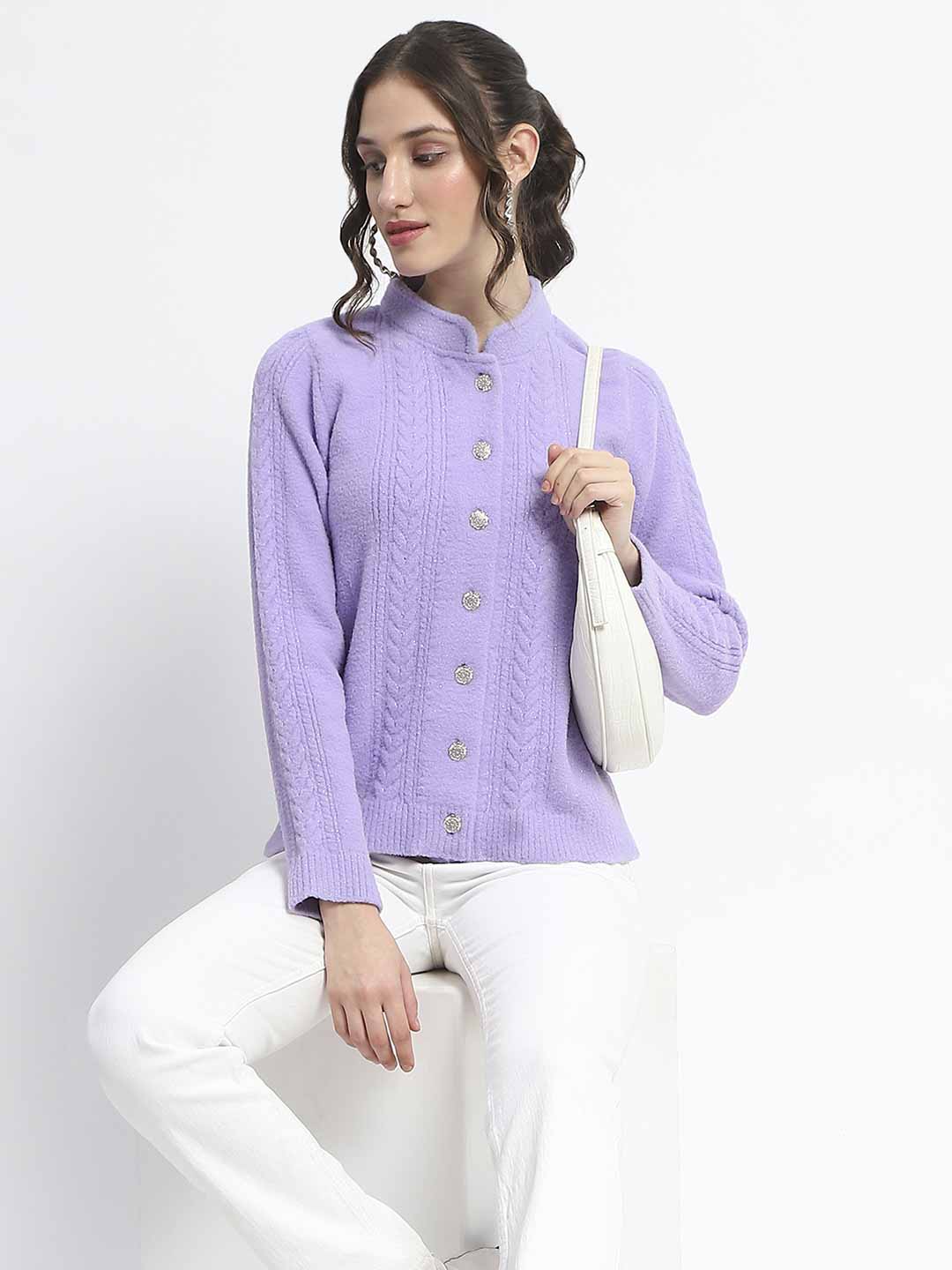 Madame Button Down Cable Knit Solid Lilac Cardigan