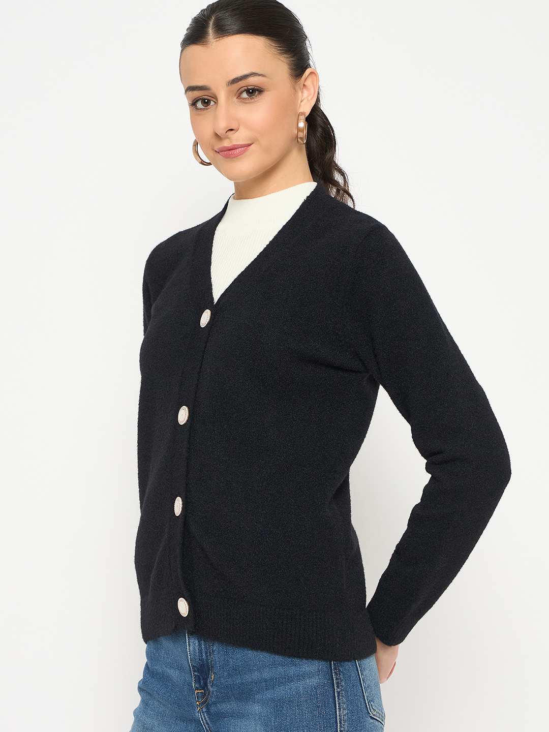 Madame V Neck Solid Black Cardigan - Image 5