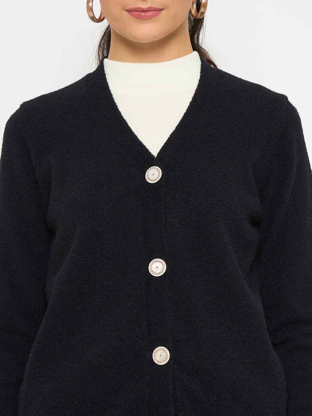 Madame V Neck Solid Black Cardigan - Image 7