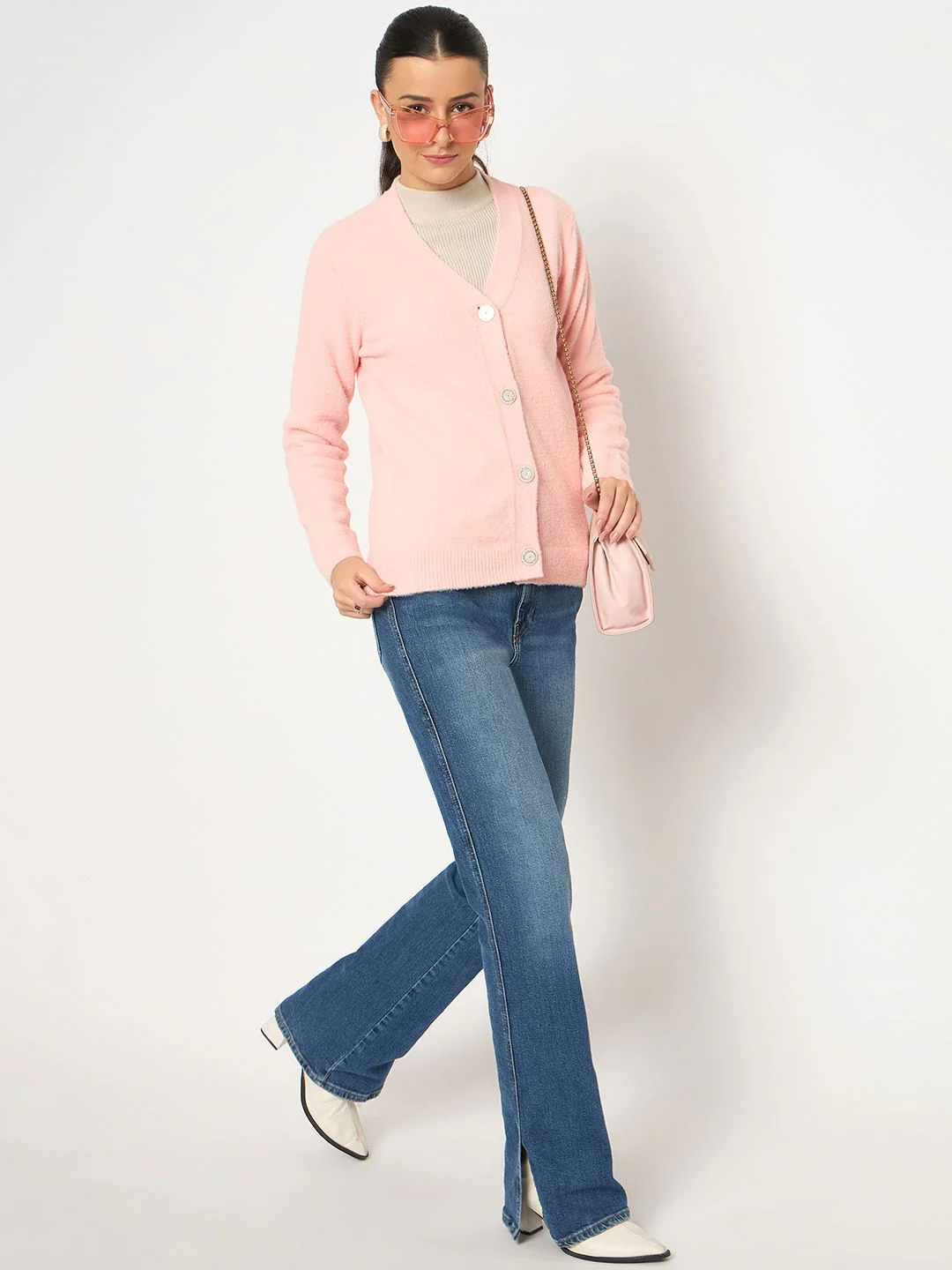 Madame V Neck Solid Peach Cardigan - Image 2