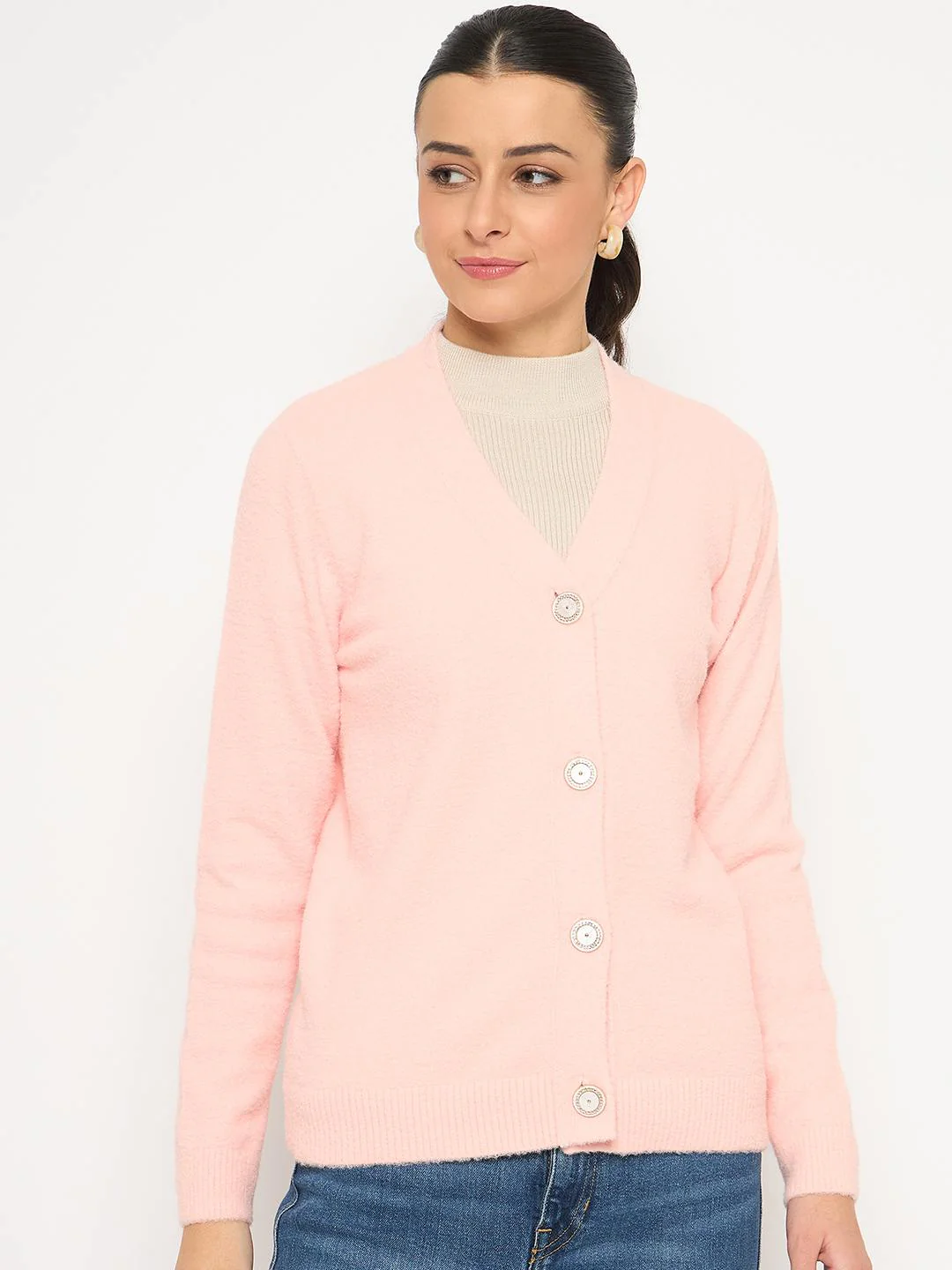 Madame V Neck Solid Peach Cardigan - Image 3