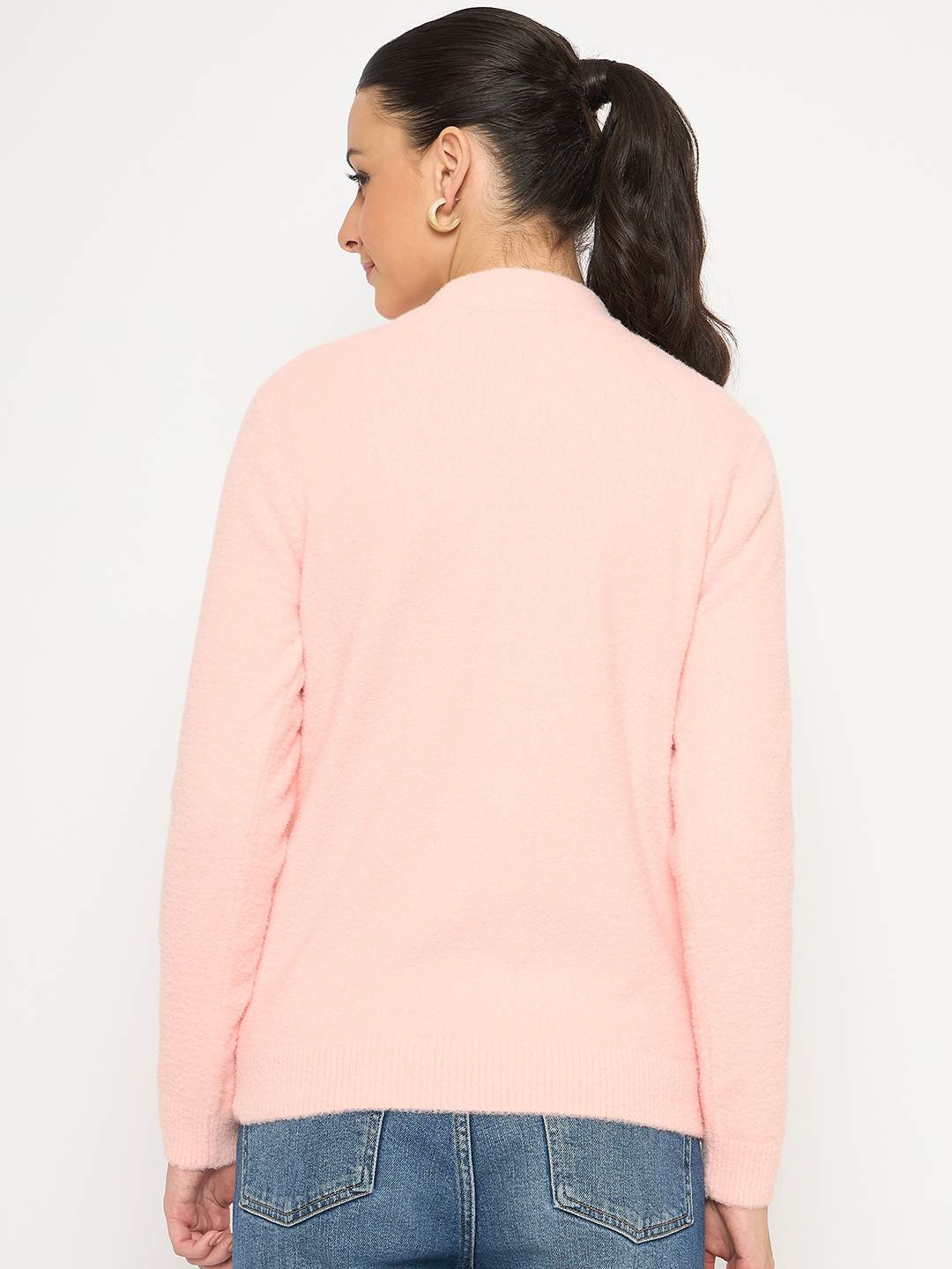 Madame V Neck Solid Peach Cardigan - Image 6
