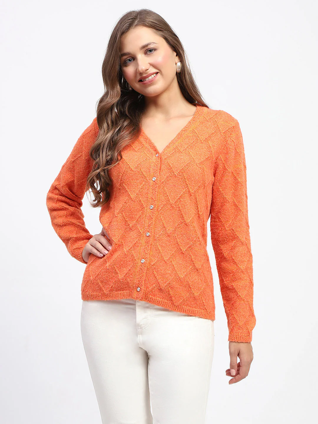 Madame Geometric Pattern V Neck Orange Cardigan - Image 2
