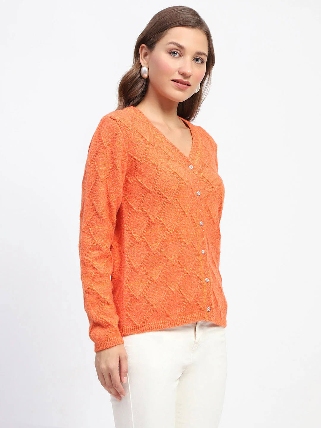 Madame Geometric Pattern V Neck Orange Cardigan - Image 3