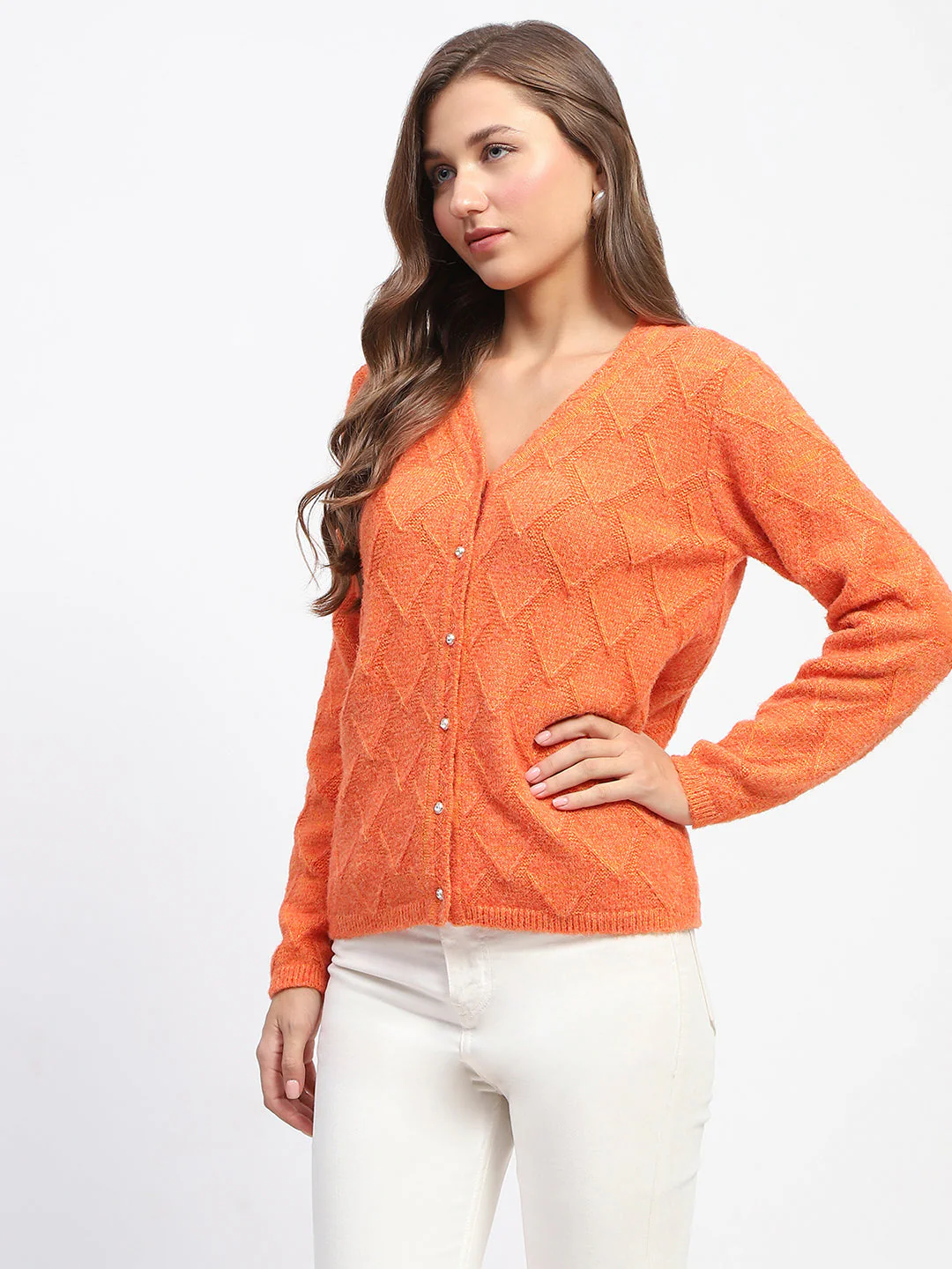 Madame Geometric Pattern V Neck Orange Cardigan - Image 4