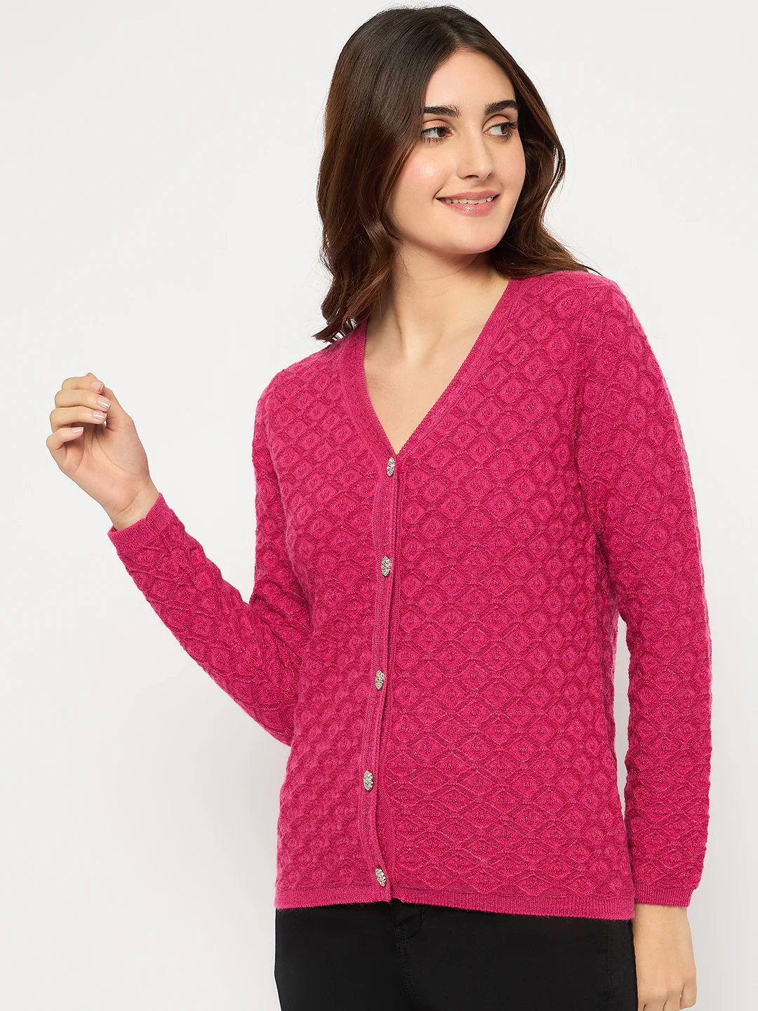 Madame Cable Knit V Neck Hot Pink Cardigan - Image 5