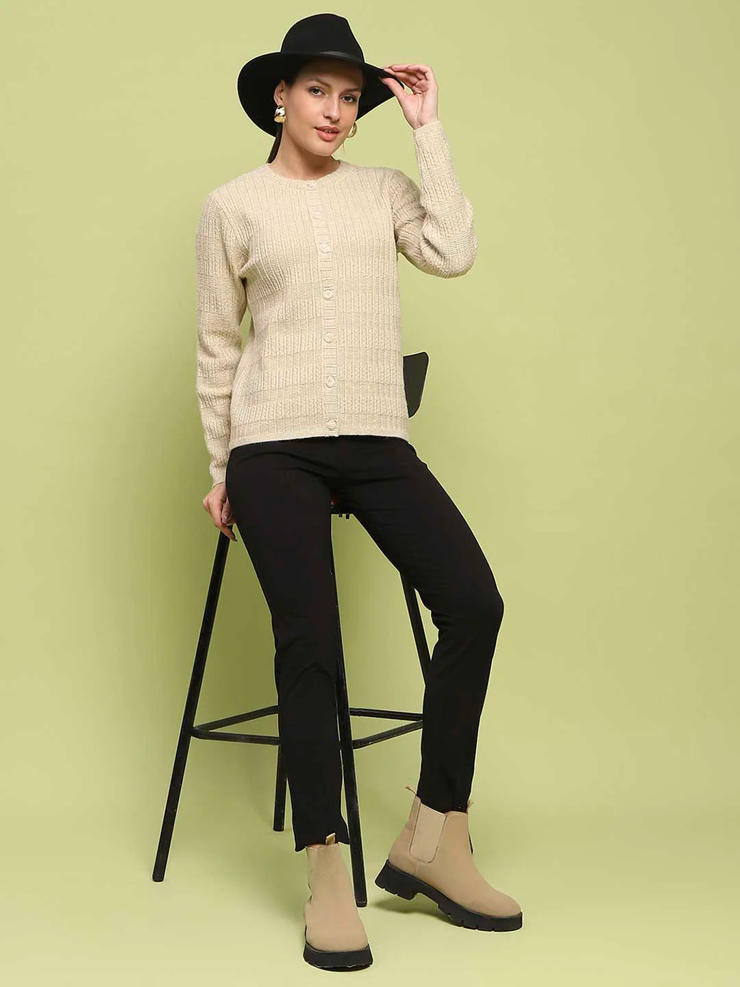 Madame Cable Knit Buttoned Beige Cardigan - Image 2