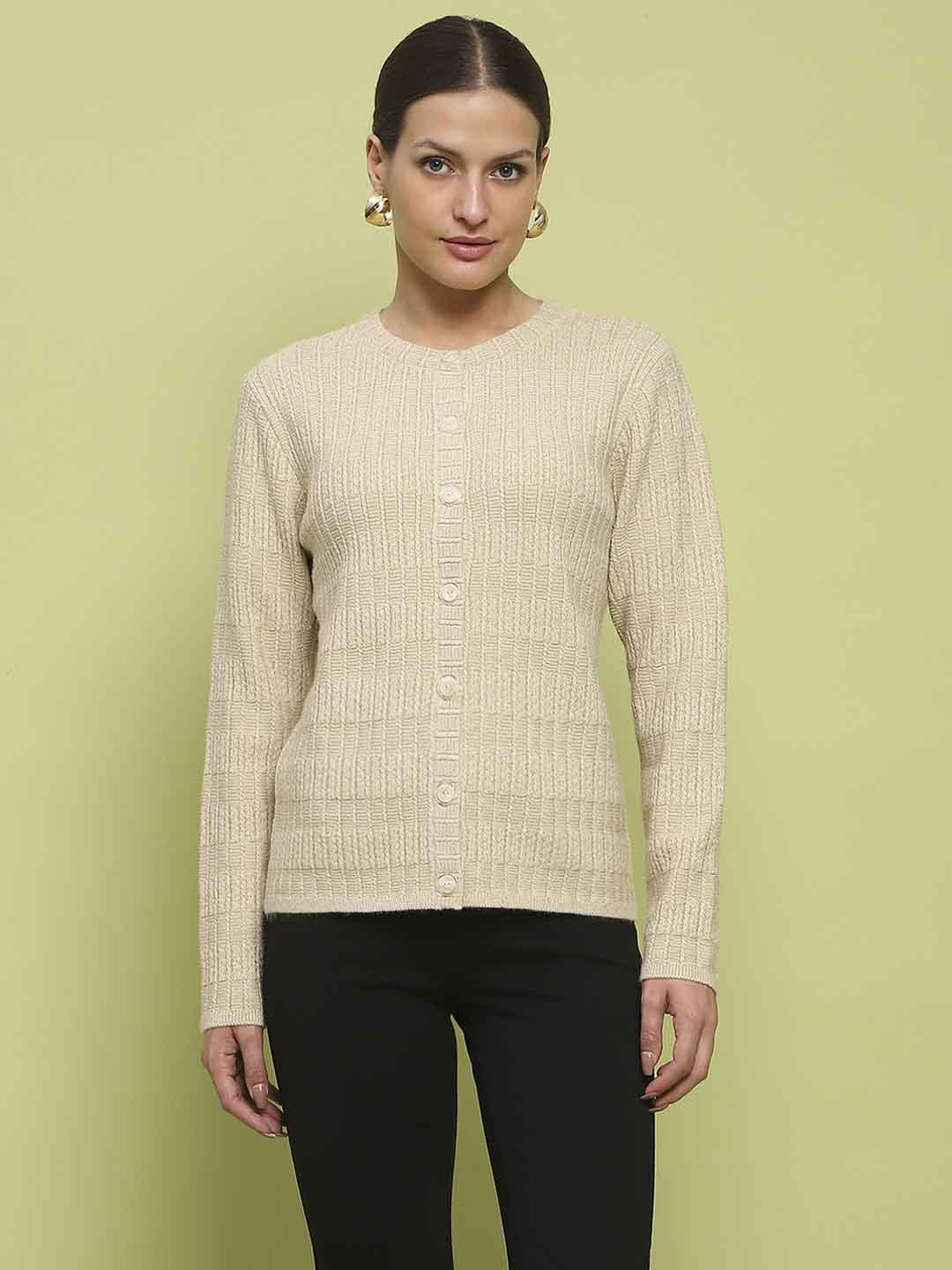 Madame Cable Knit Buttoned Beige Cardigan - Image 3