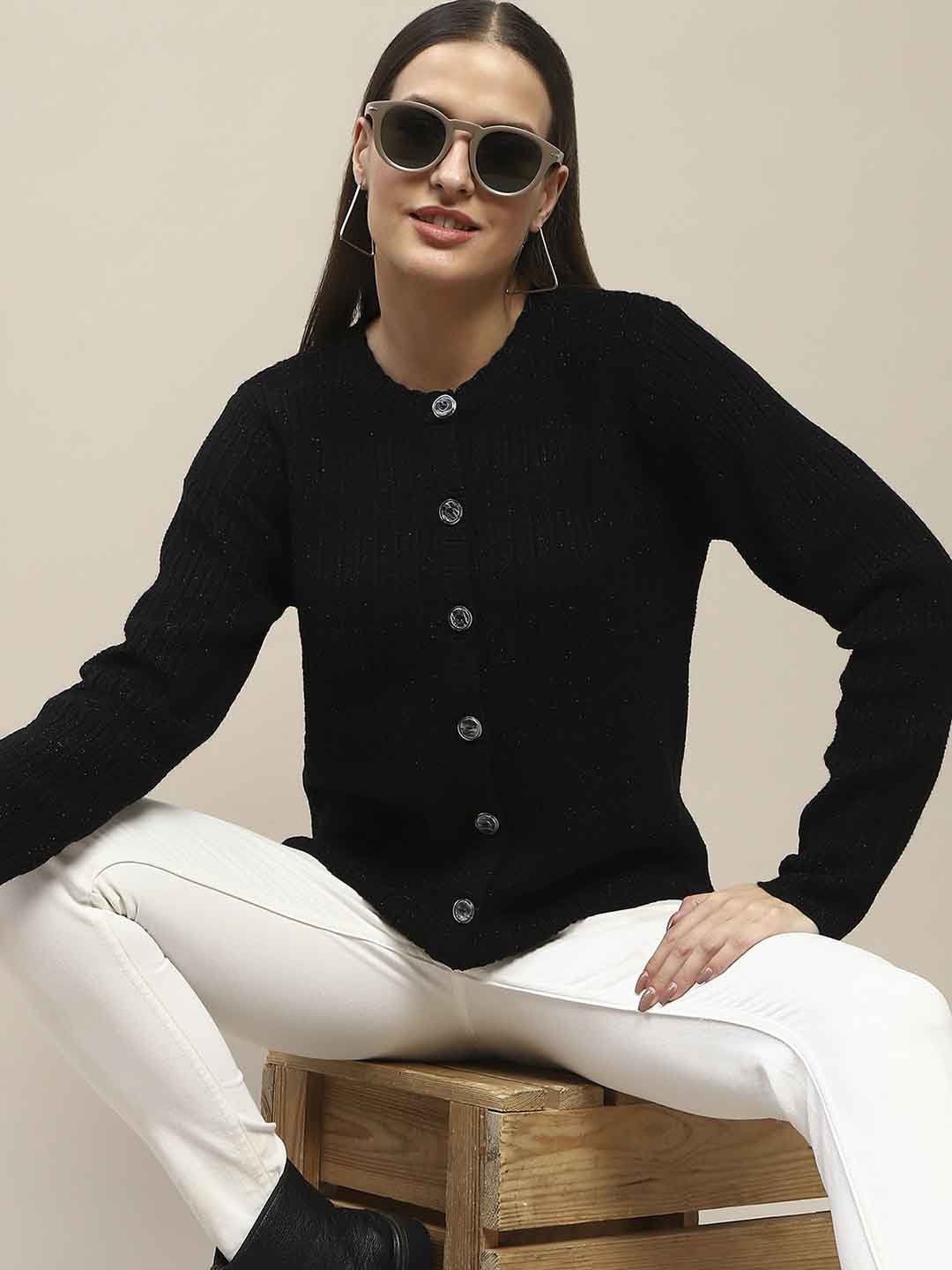 Madame Cable Knit Buttoned Black Cardigan