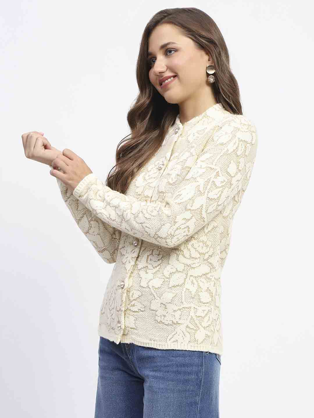 Madame Mock Neck Textured Beige Cardigan - Image 4
