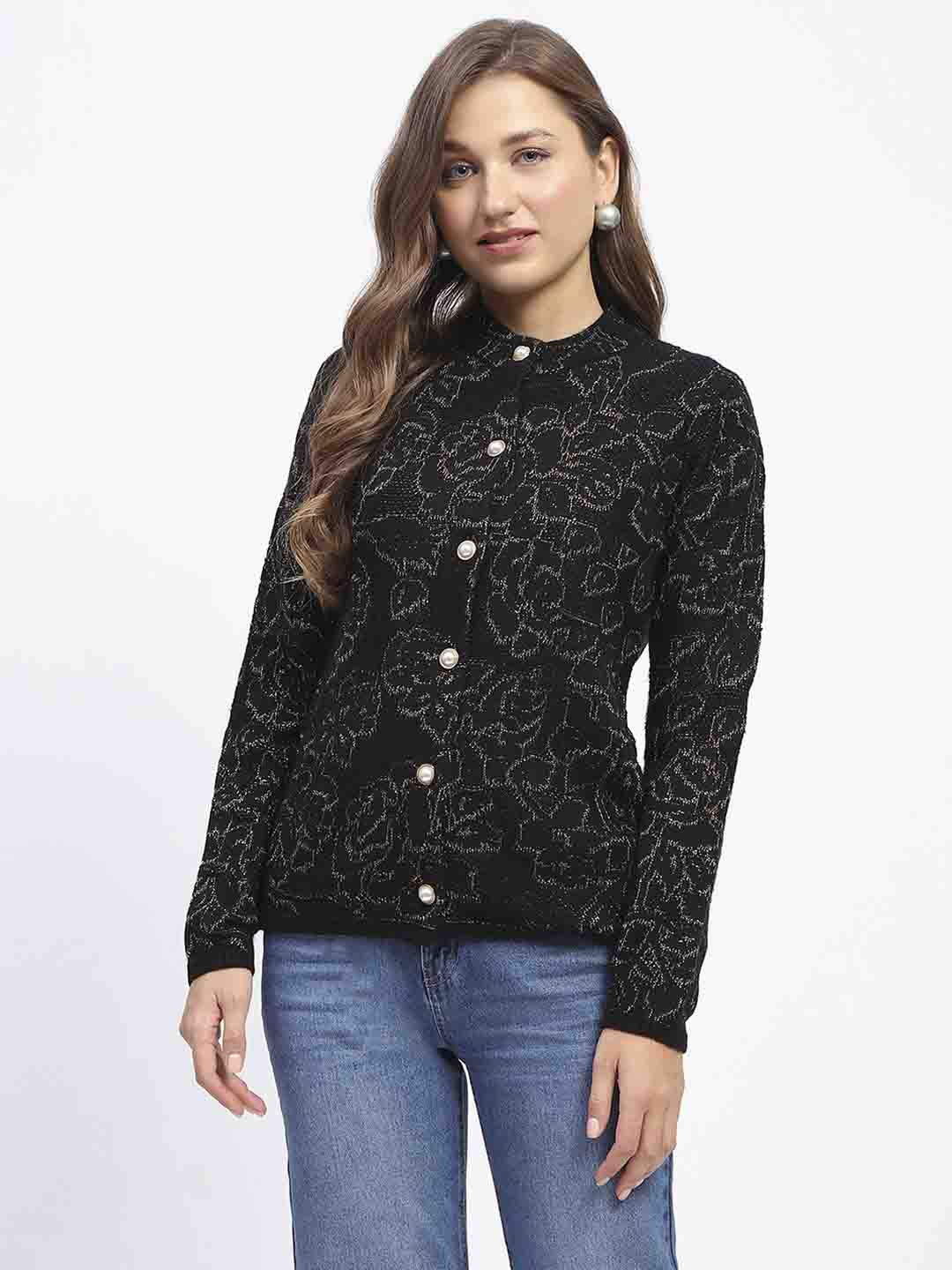 Madame Black Shimmer Printed Buttoned Cardigan - Image 2