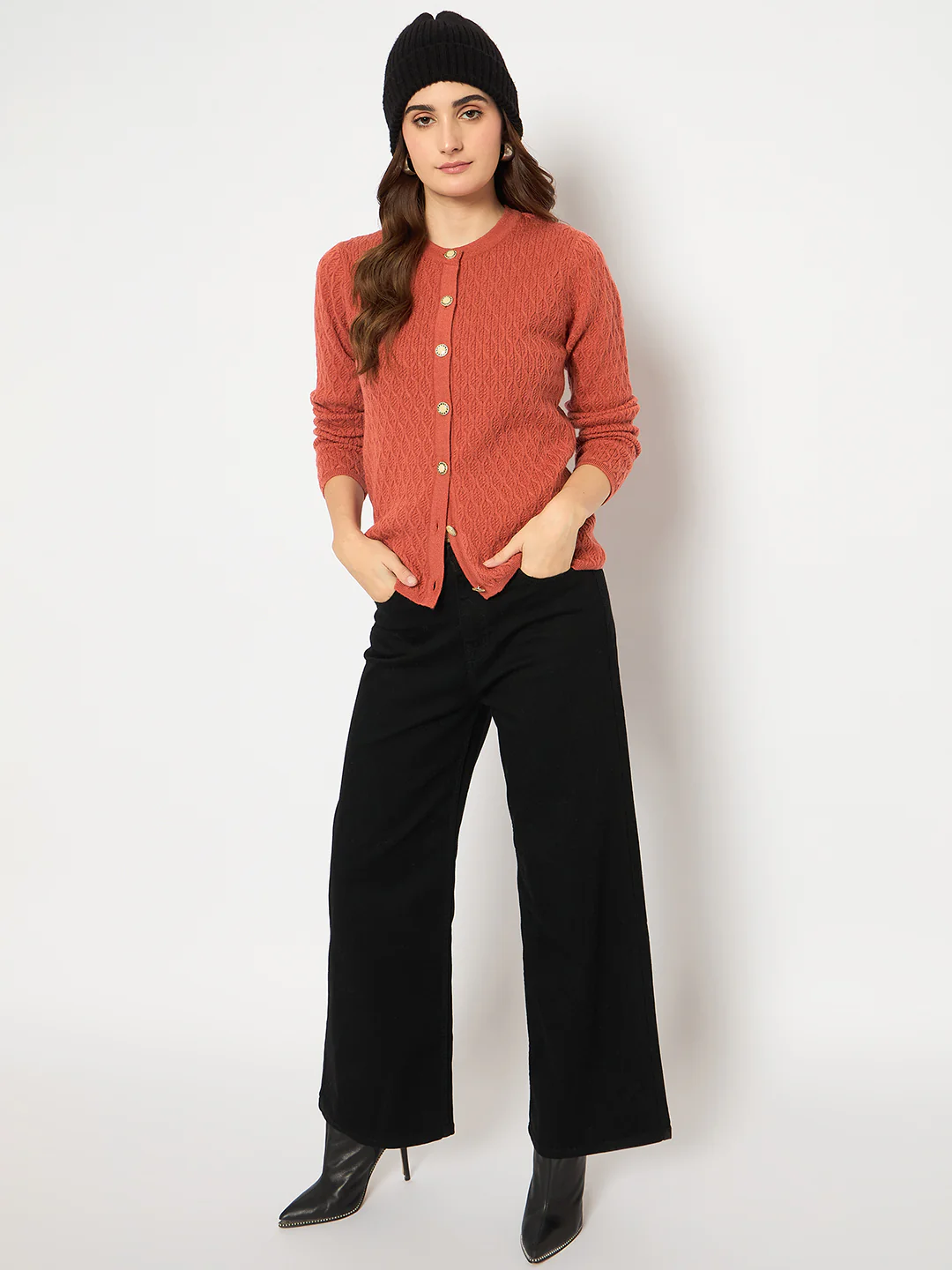 Madame Cable Knit Round Neck Rust Red Cardigan - Image 2
