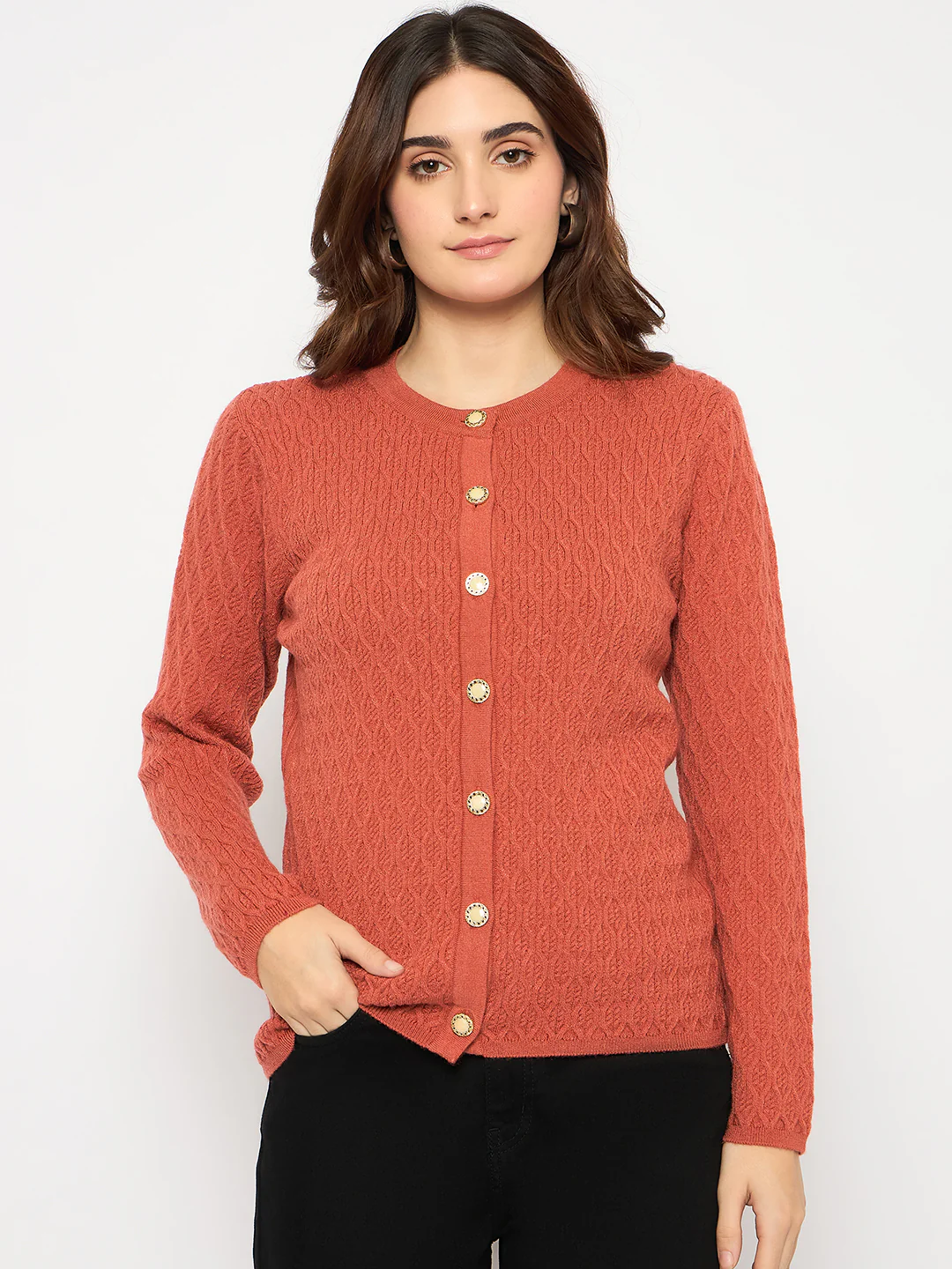 Madame Cable Knit Round Neck Rust Red Cardigan - Image 3