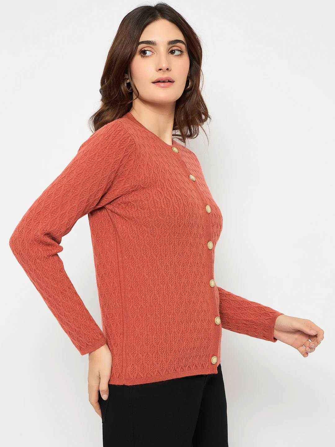 Madame Cable Knit Round Neck Rust Red Cardigan - Image 4