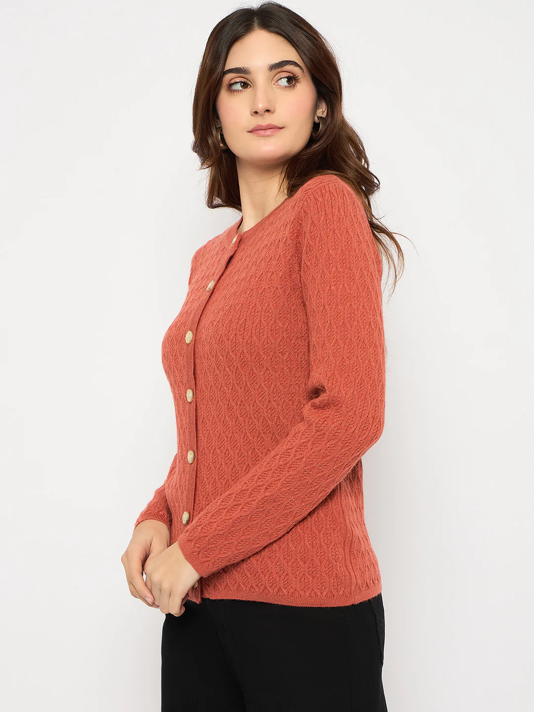 Madame Cable Knit Round Neck Rust Red Cardigan - Image 5