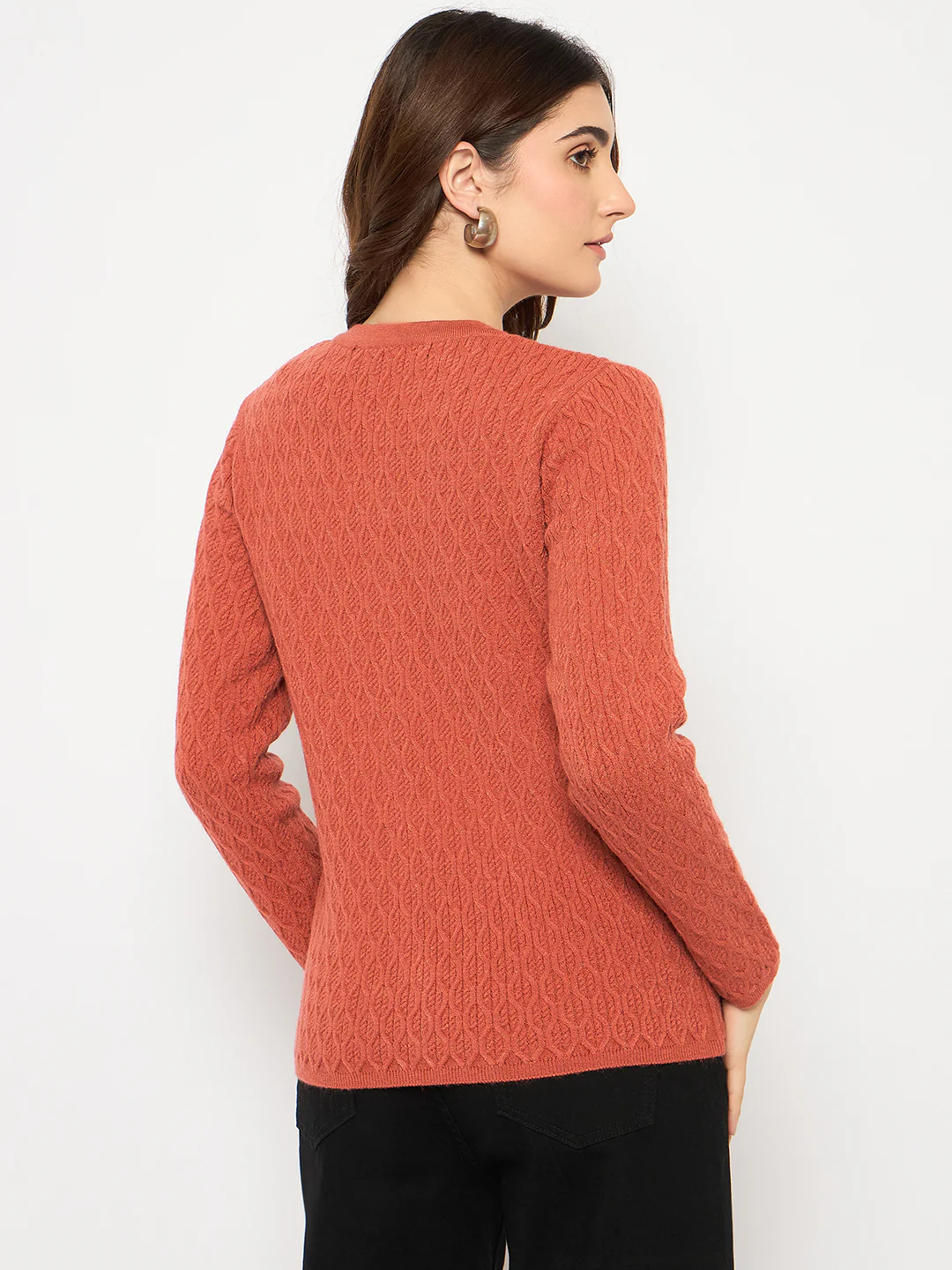 Madame Cable Knit Round Neck Rust Red Cardigan - Image 6