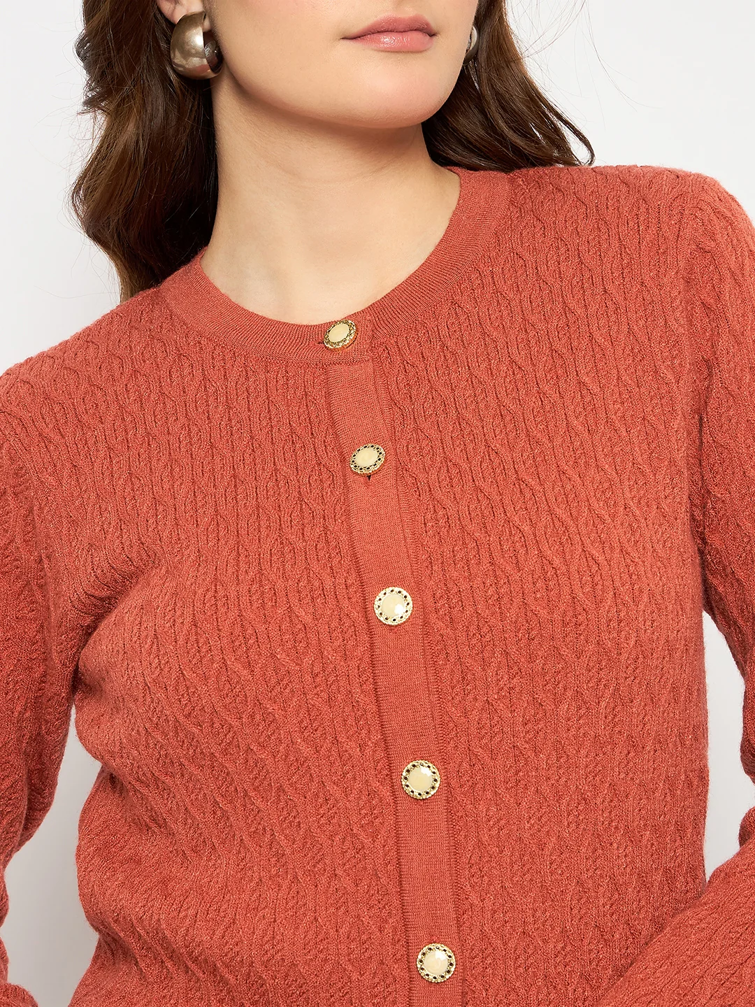 Madame Cable Knit Round Neck Rust Red Cardigan - Image 7