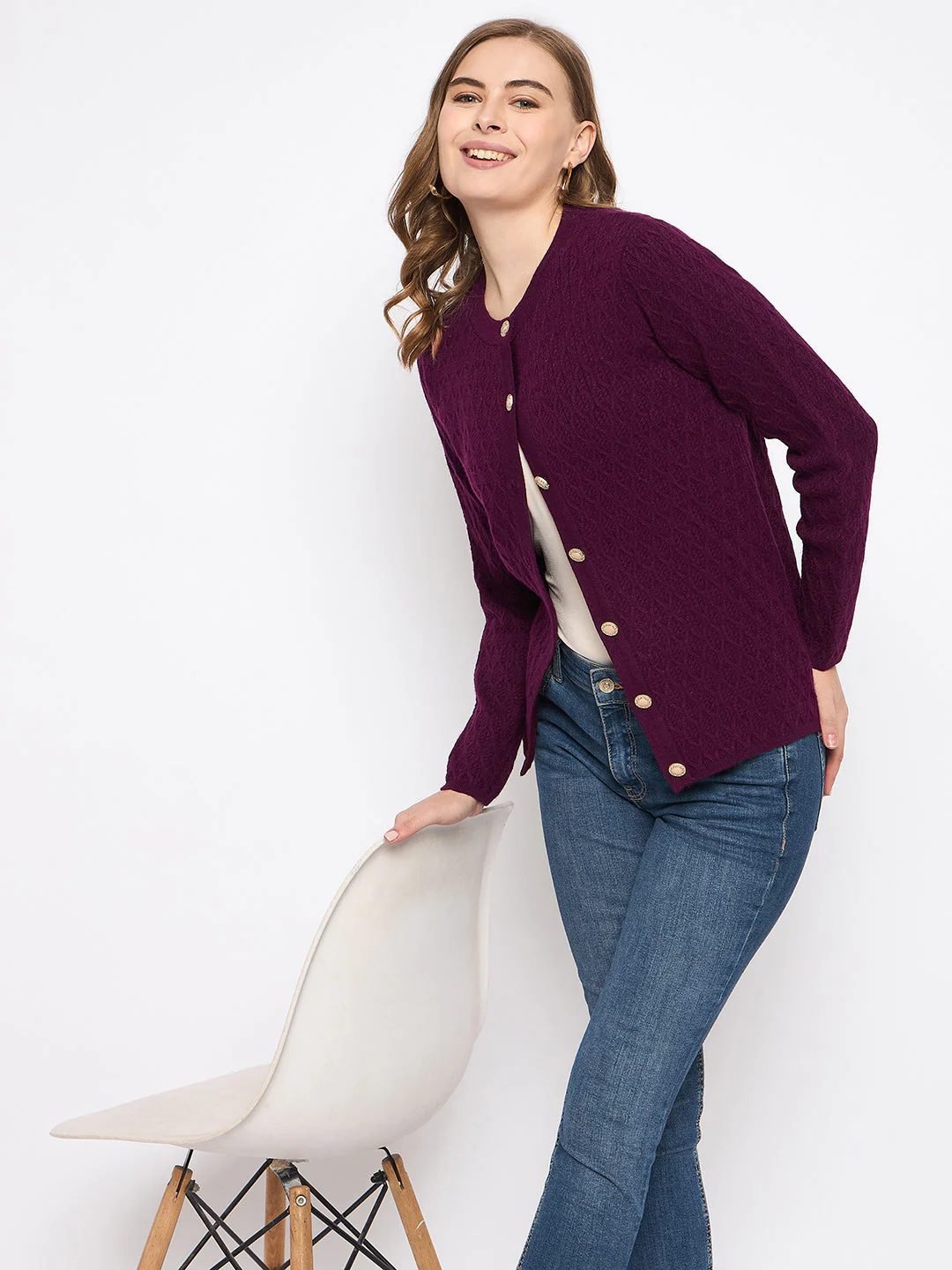 Madame Round Neck Wine Red Nylon Blend Cardigan