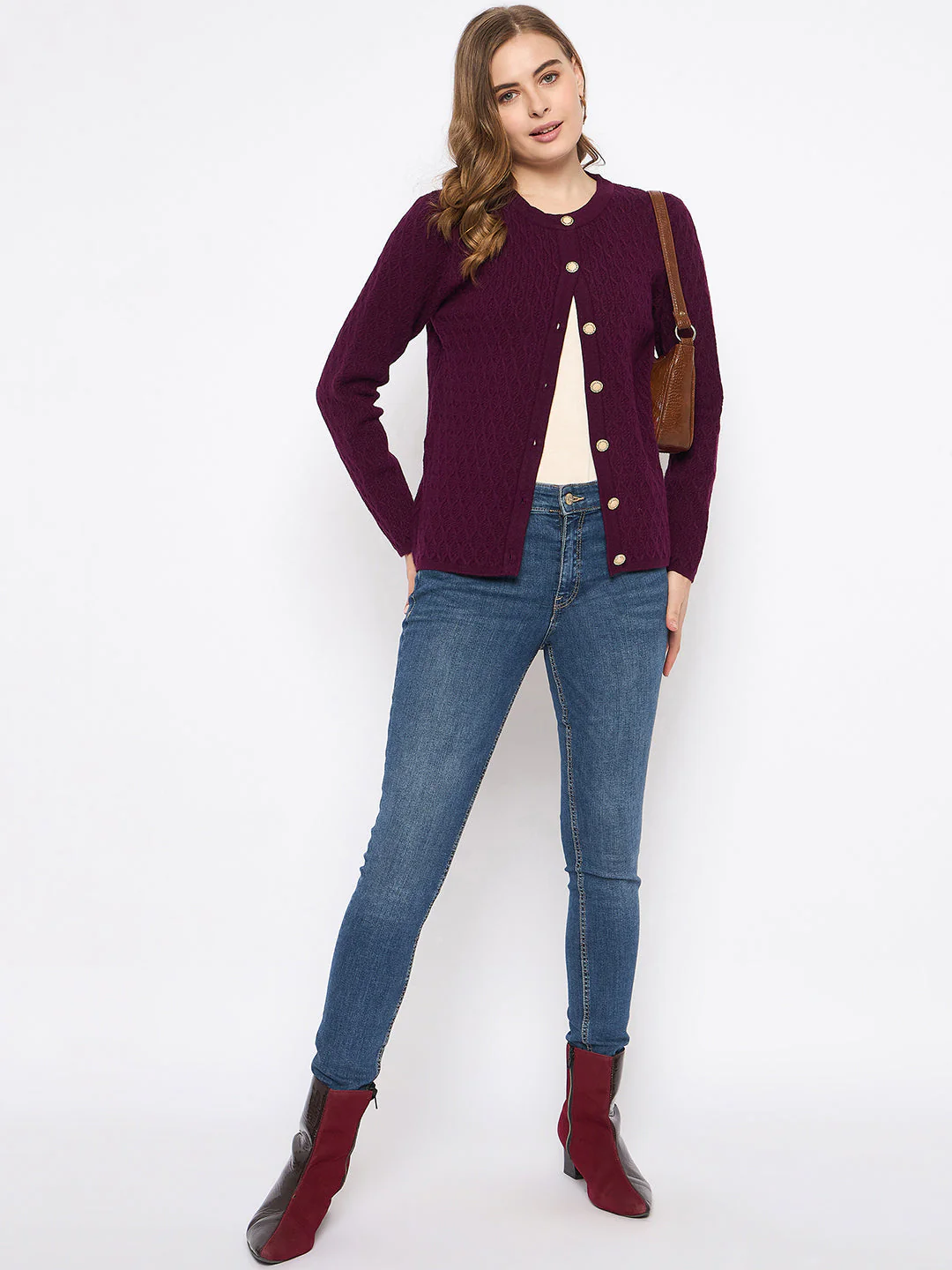 Madame Round Neck Wine Red Nylon Blend Cardigan - Image 2