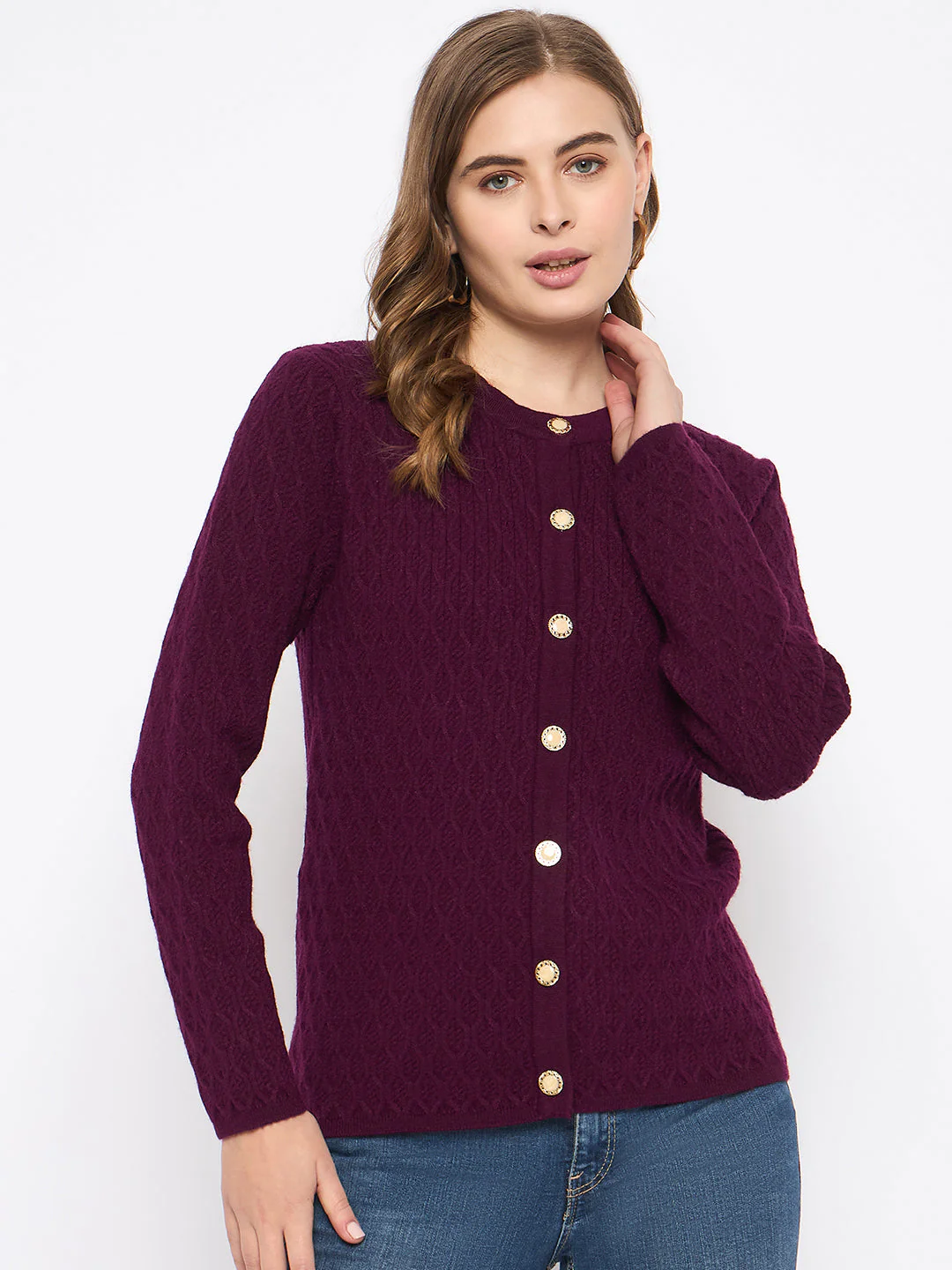 Madame Round Neck Wine Red Nylon Blend Cardigan - Image 3