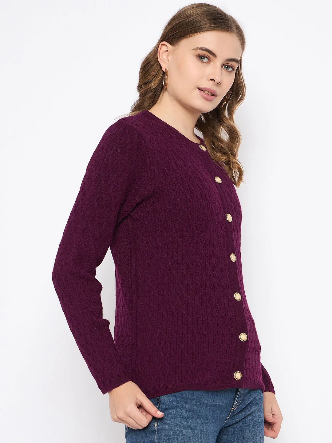 Madame Round Neck Wine Red Nylon Blend Cardigan - Image 4