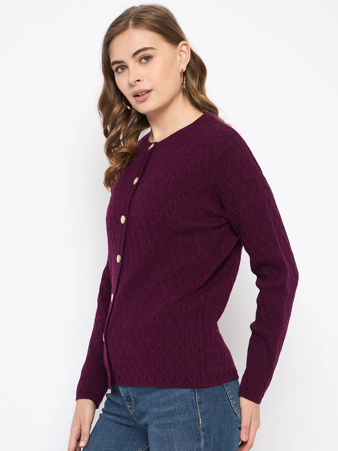 Madame Round Neck Wine Red Nylon Blend Cardigan - Image 5