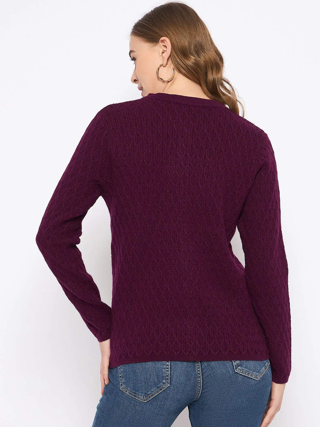 Madame Round Neck Wine Red Nylon Blend Cardigan - Image 6