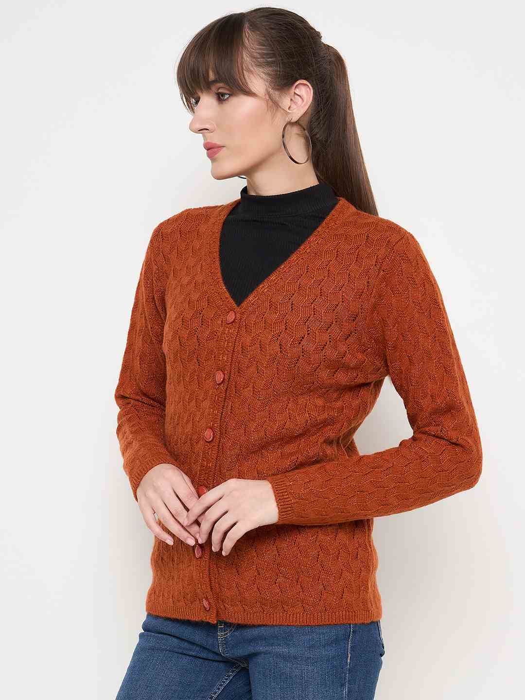 Madame Cable Knit Solid Burnt Orange Buttoned Cardigan - Image 2