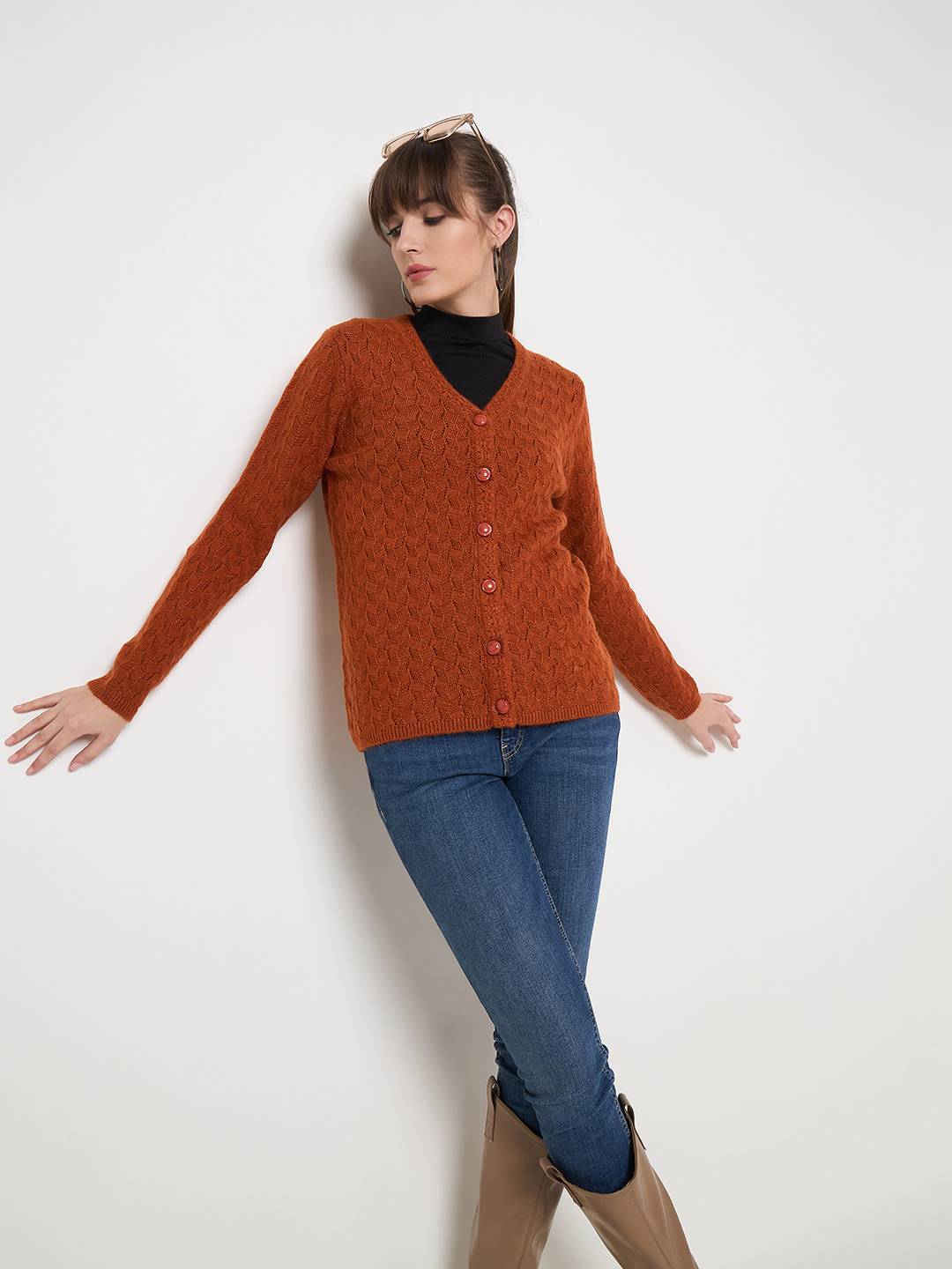 Madame Cable Knit Solid Burnt Orange Buttoned Cardigan - Image 6