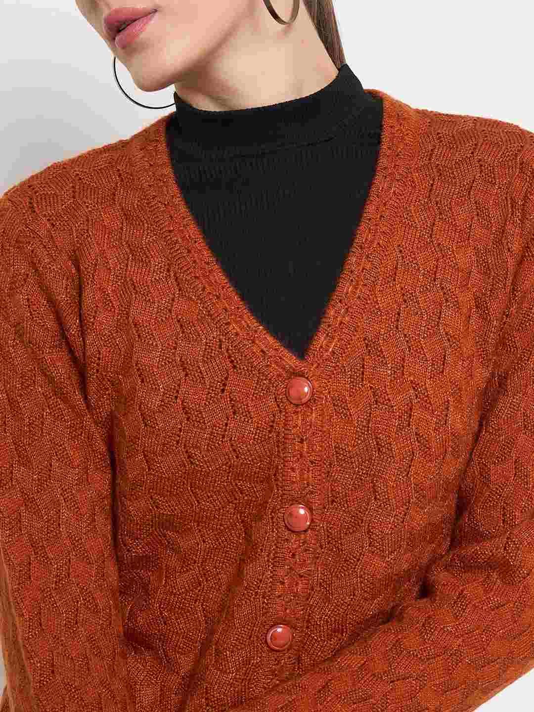 Madame Cable Knit Solid Burnt Orange Buttoned Cardigan - Image 7