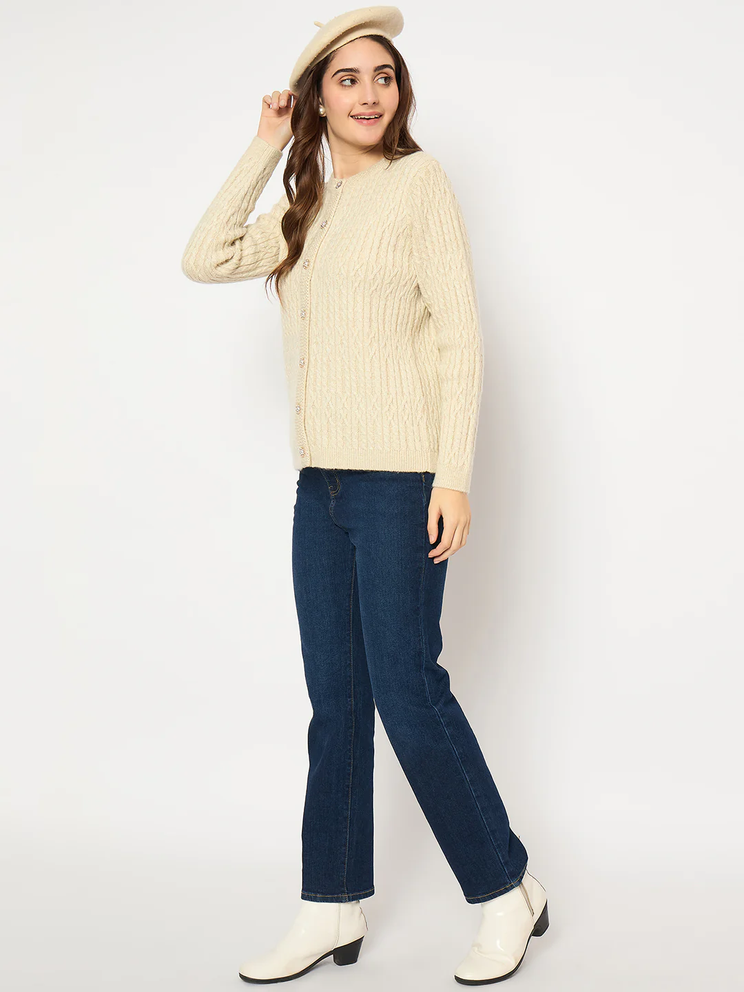Madame Cable Knit Button Down Beige Cardigan - Image 2