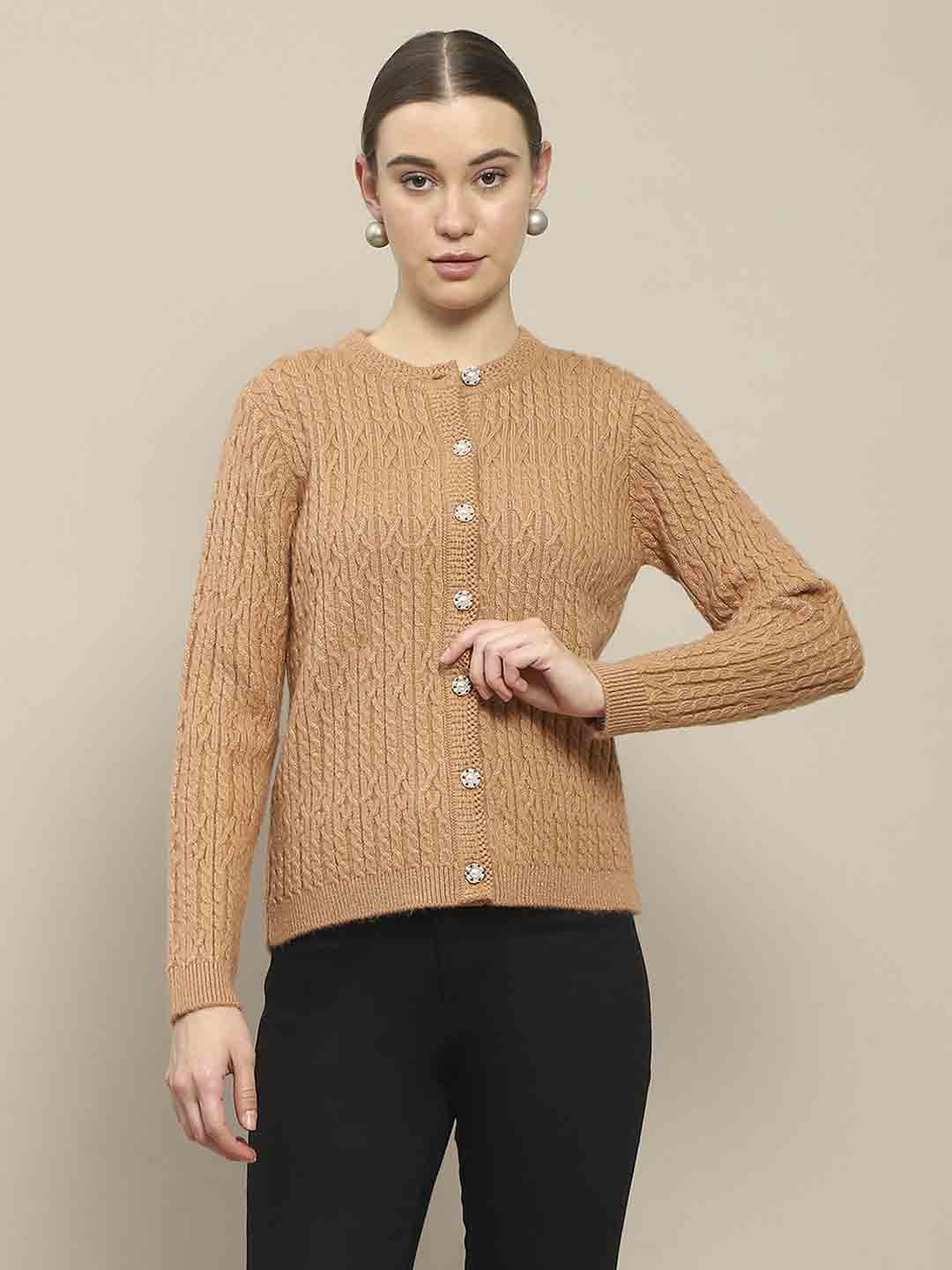 Madame Cable Knit Round Neck Rosewood Cardigan - Image 2