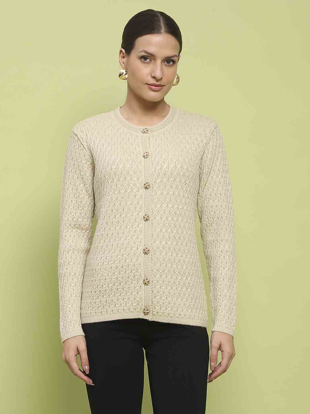 Madame Glossy Buttoned Cable Knit Beige Cardigan - Image 3