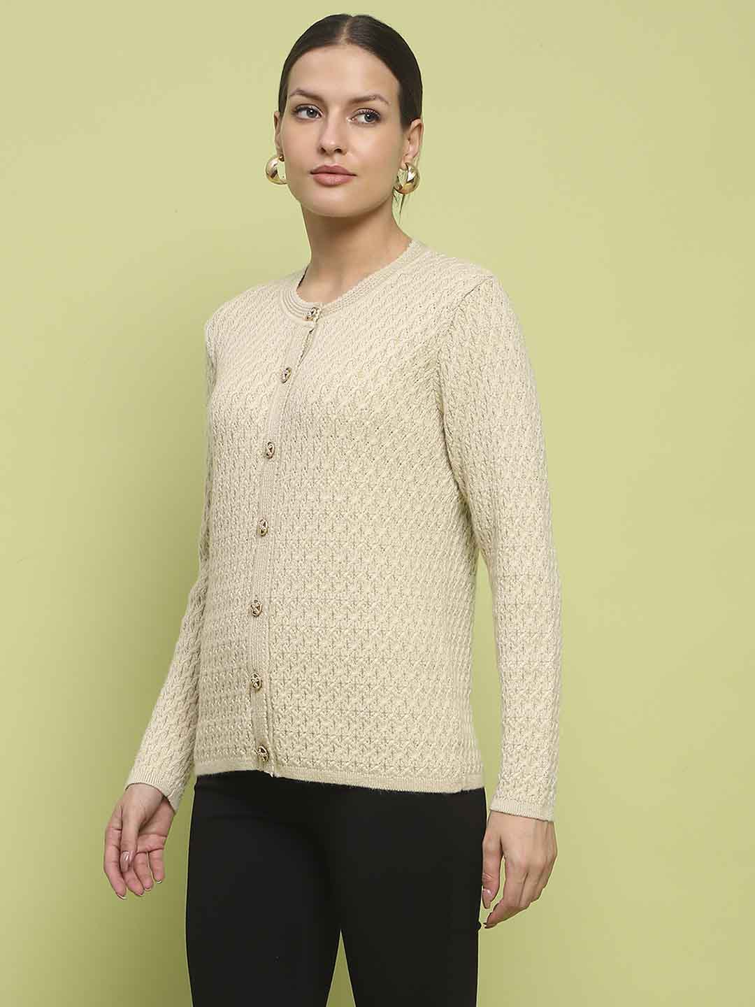 Madame Glossy Buttoned Cable Knit Beige Cardigan - Image 5