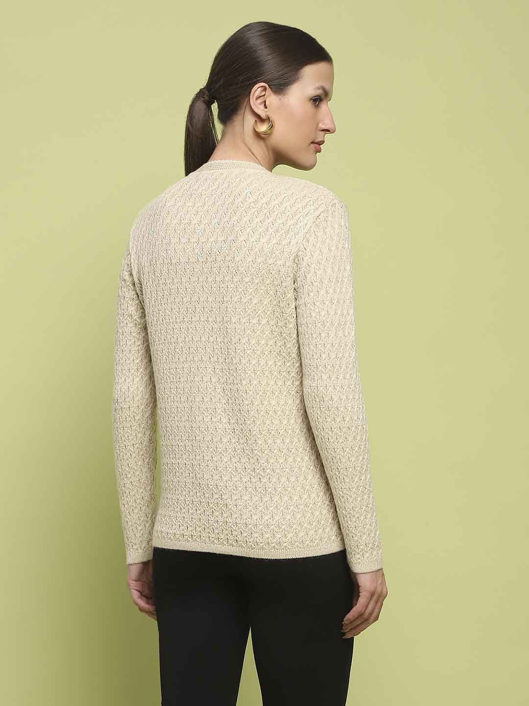 Madame Glossy Buttoned Cable Knit Beige Cardigan - Image 6