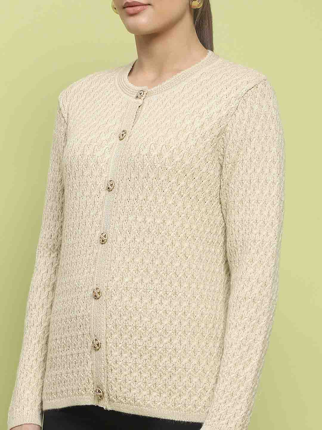 Madame Glossy Buttoned Cable Knit Beige Cardigan - Image 7