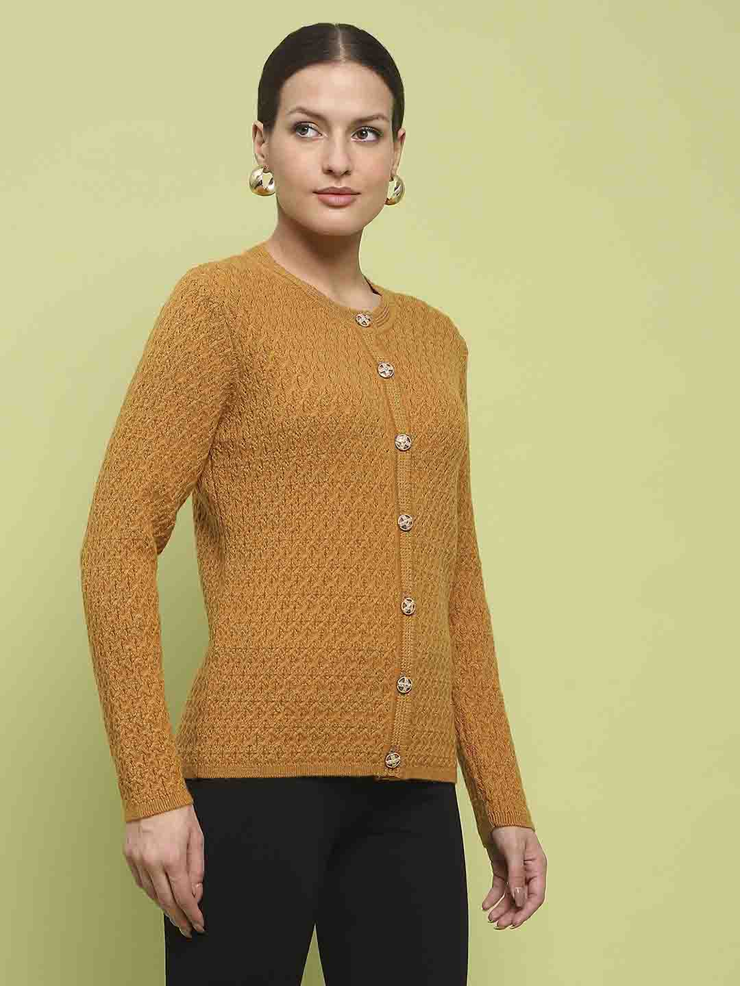 Madame Glossy Buttoned Cable Knit Mustard Yellow Cardigan - Image 4