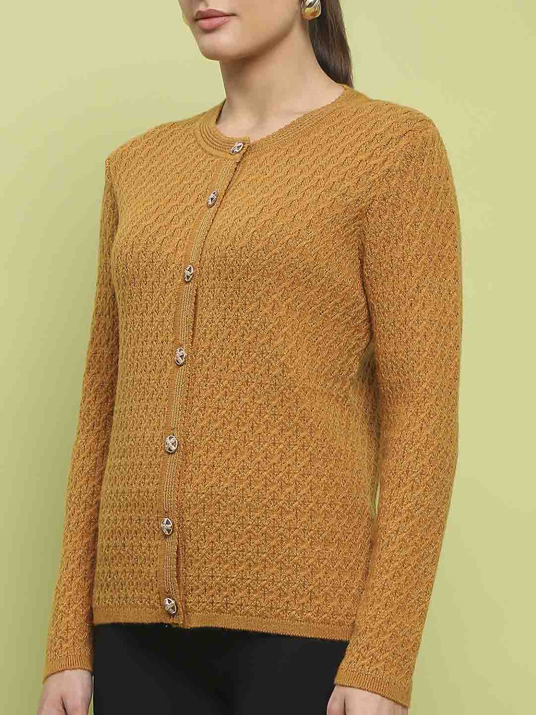 Madame Glossy Buttoned Cable Knit Mustard Yellow Cardigan - Image 7