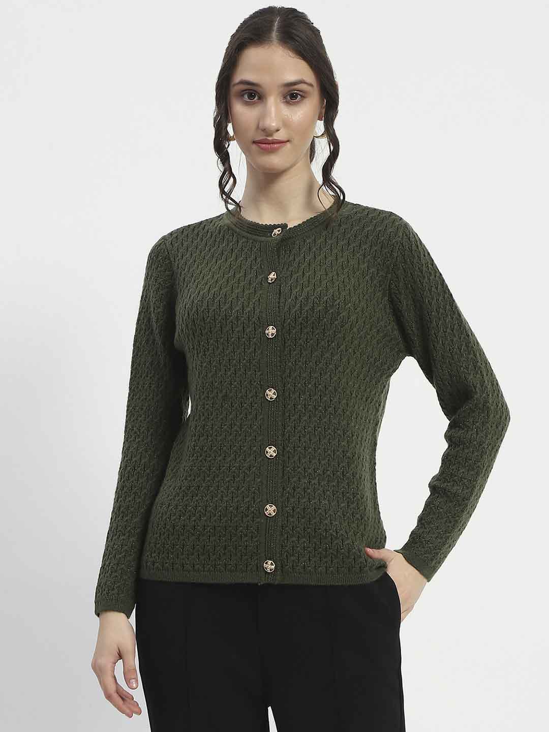 Madame Cable Knit Solid Olive Cardigan - Image 3