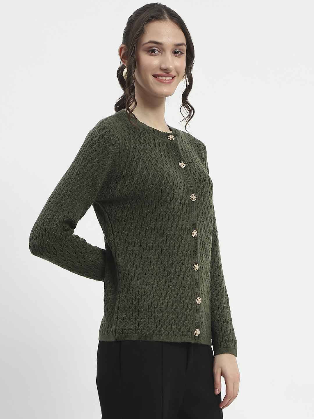 Madame Cable Knit Solid Olive Cardigan - Image 4