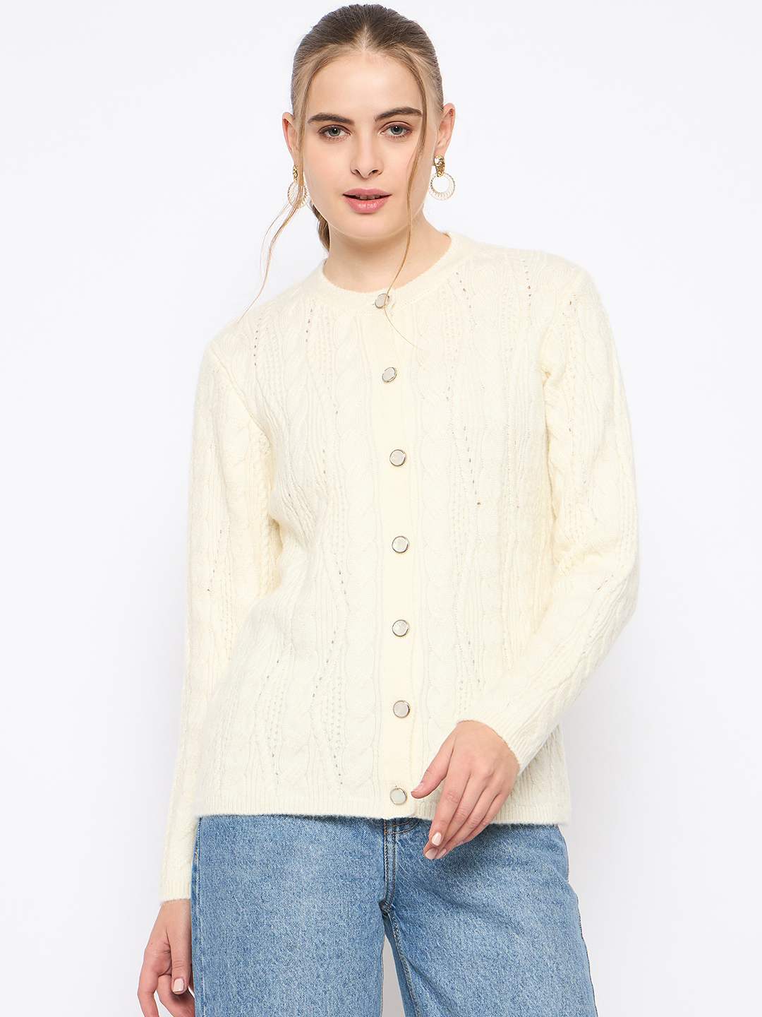 Madame Round Neck Off White Cardigan - Image 3