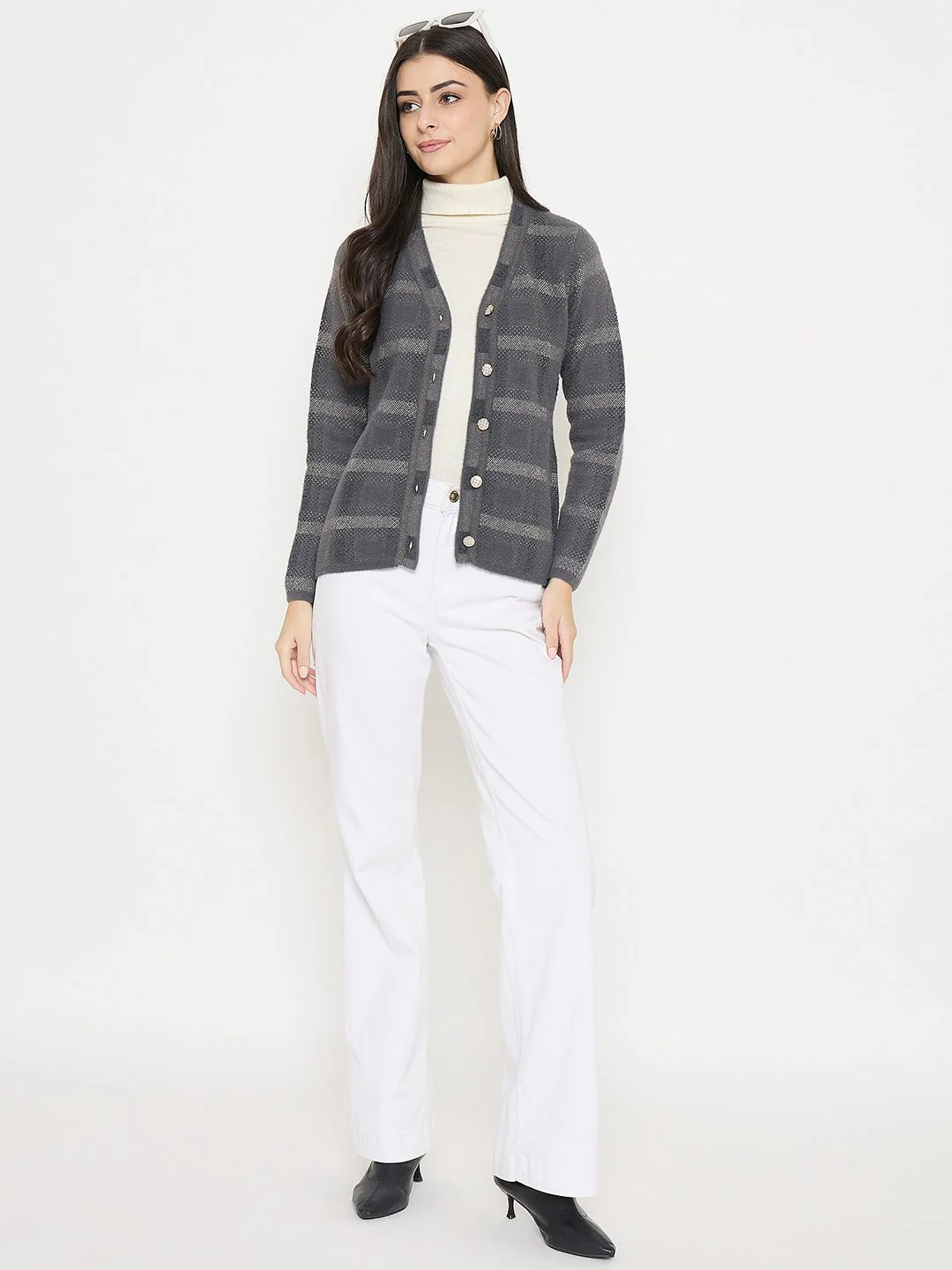 Madame Plaid Nylon Blend Grey Cardigan - Image 2