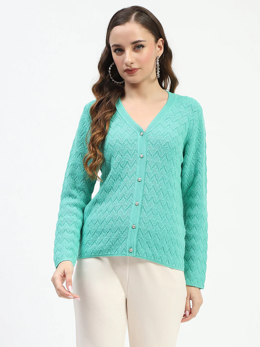 Madame Ribbed Knit Sea Green Button-Up Cardigan - Image 2